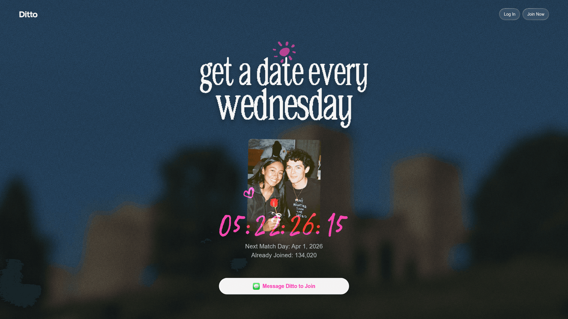 Interface Ditto, Encontros Reais Todas as Quartas-feiras, exibindo funcionalidades