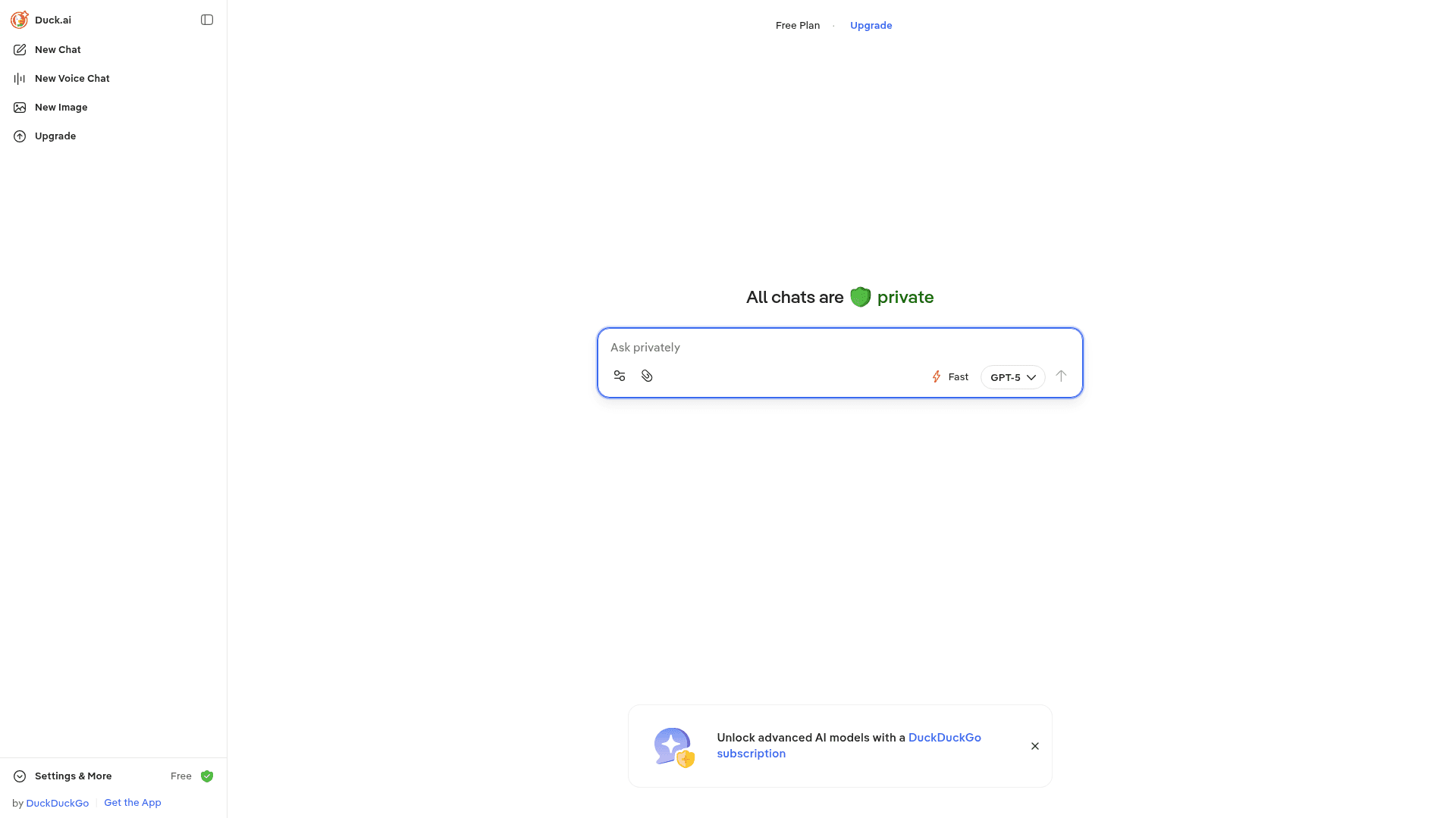 Interface Duck.ai, Chat Ultra-Rápido e Privado, exibindo funcionalidades