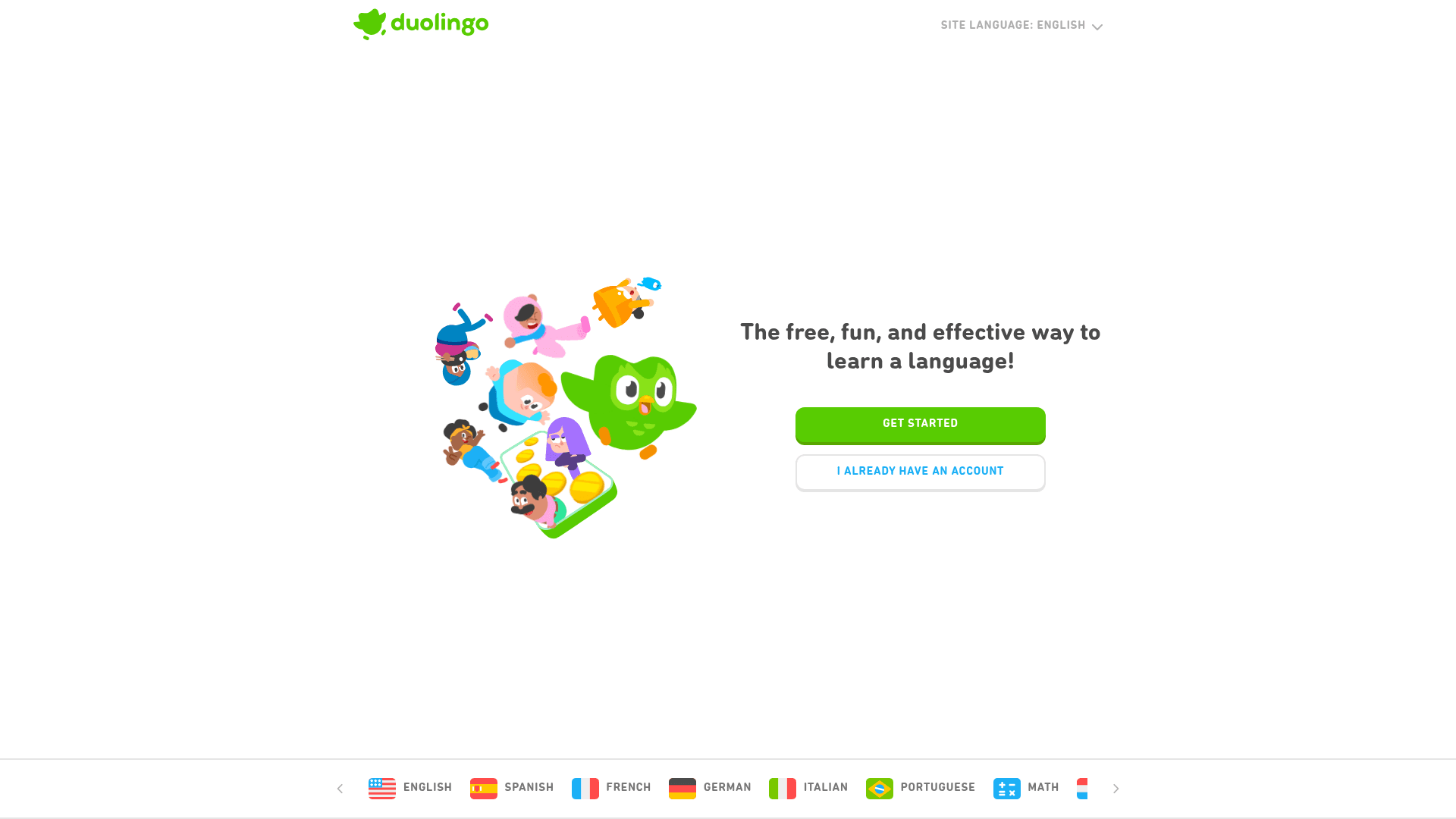Interface Duolingo, Aprenda Idiomas de Graça e de Forma Divertida, exibindo funcionalidades