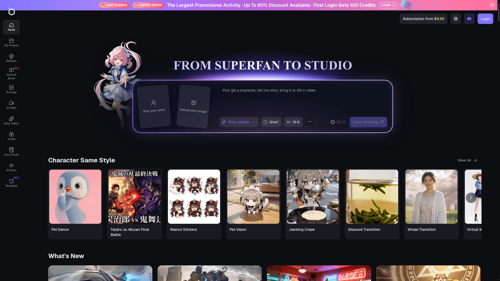 Interface Elser AI, Gerador de Anime IA para Vídeo e Filme, exibindo funcionalidades