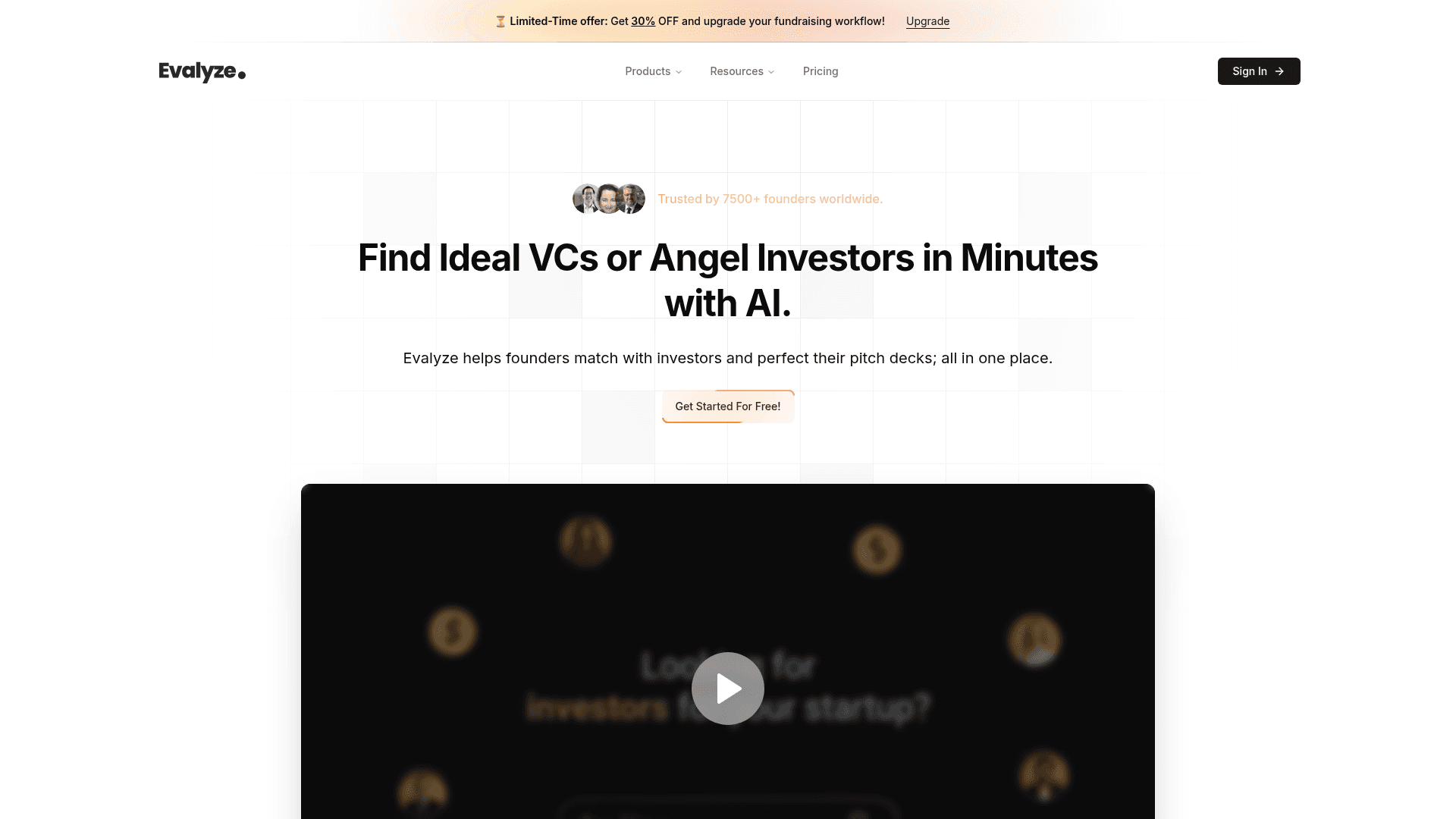 Interface Evalyze, Conecte-se com Investidores e Aperfeiçoe seu Pitch com IA, exibindo funcionalidades