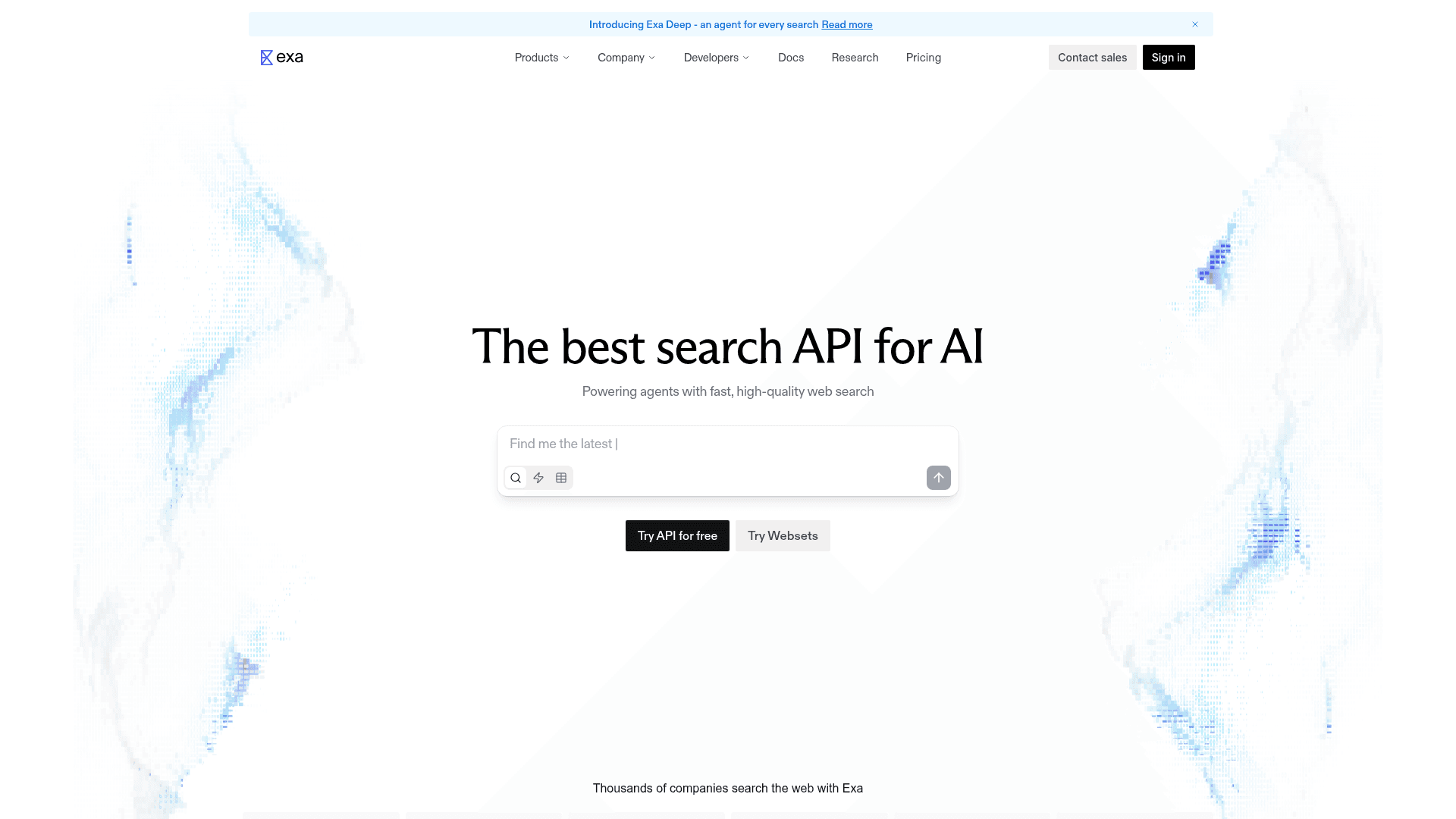 Interface Exa, A melhor API de busca para IA, exibindo funcionalidades
