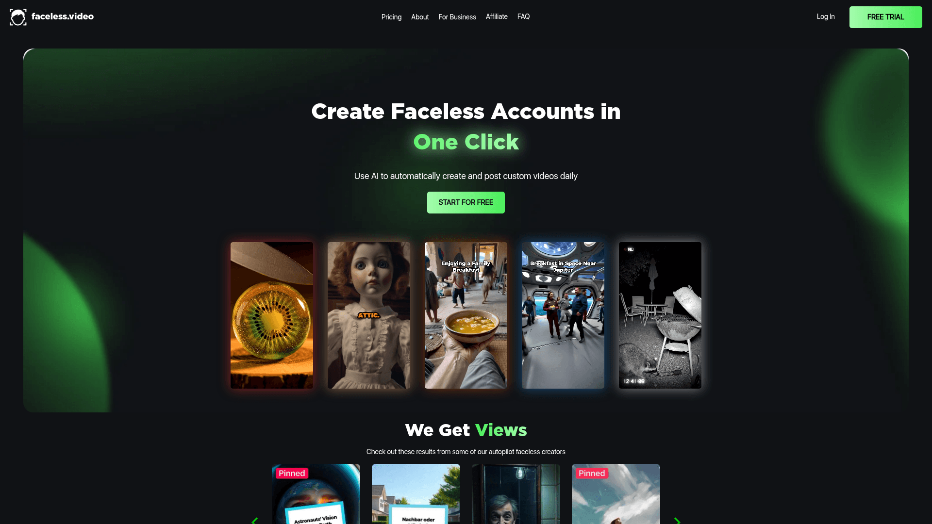 Interface Faceless.video, Crie Contas Faceless com IA, exibindo funcionalidades