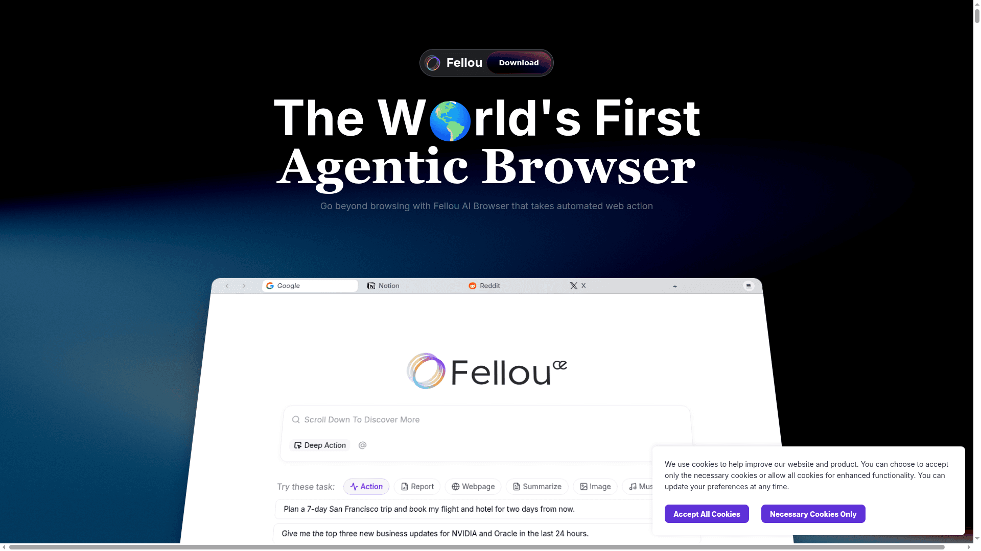 Interface Fellou, O Primeiro Navegador Agenteial do Mundo, exibindo funcionalidades