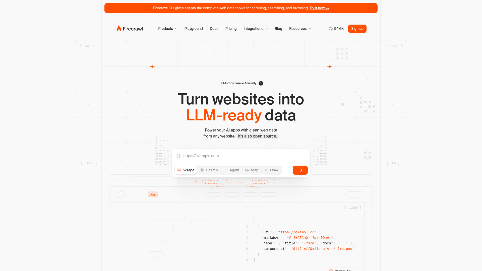 Interface Firecrawl, Transforme Websites em Dados para LLMs, exibindo funcionalidades