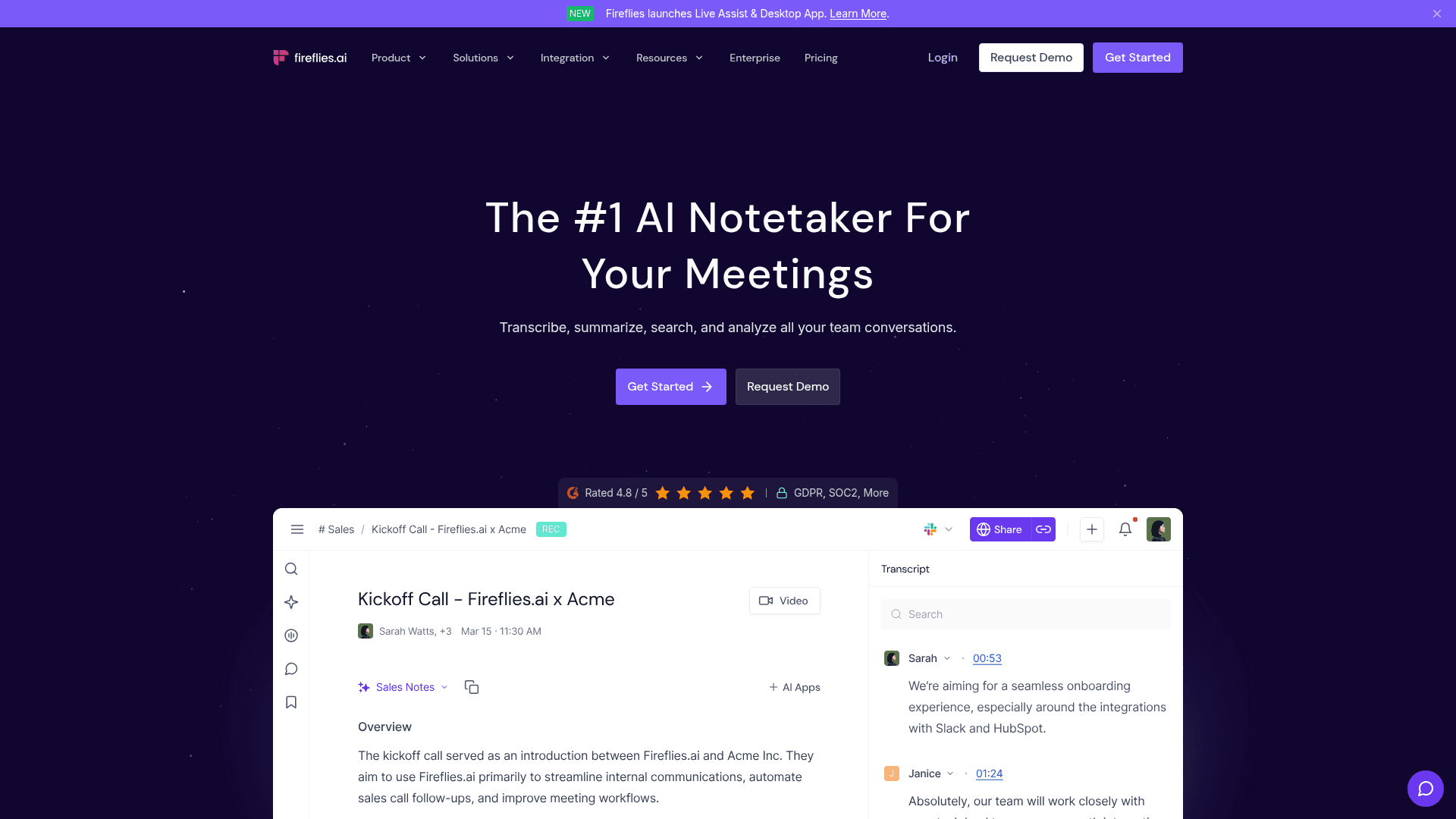 Interface Fireflies.ai, O Nº1 em Anotações de Reuniões com IA, exibindo funcionalidades