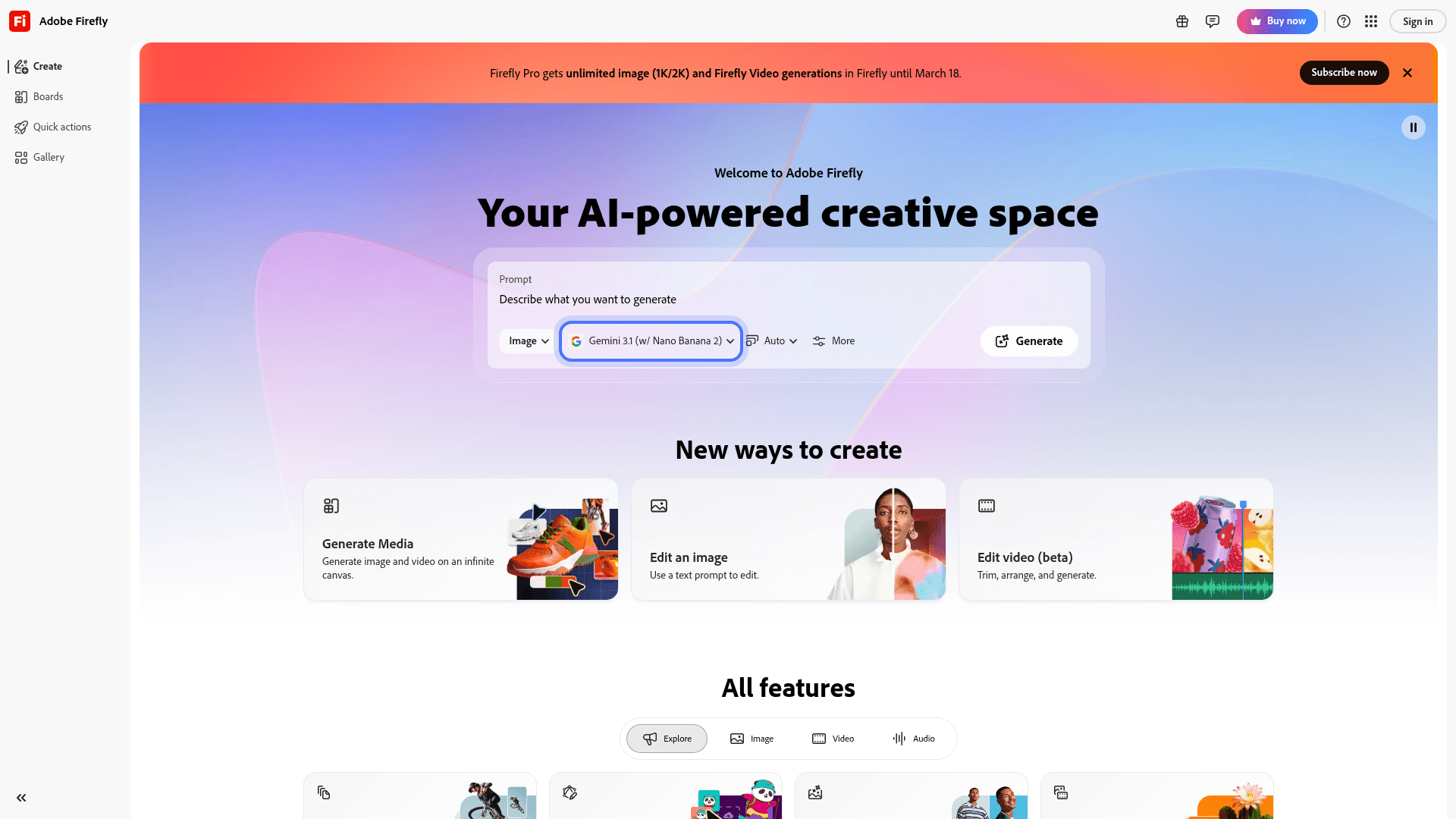Interface Adobe Firefly, Seu Espaço Criativo com IA, exibindo funcionalidades