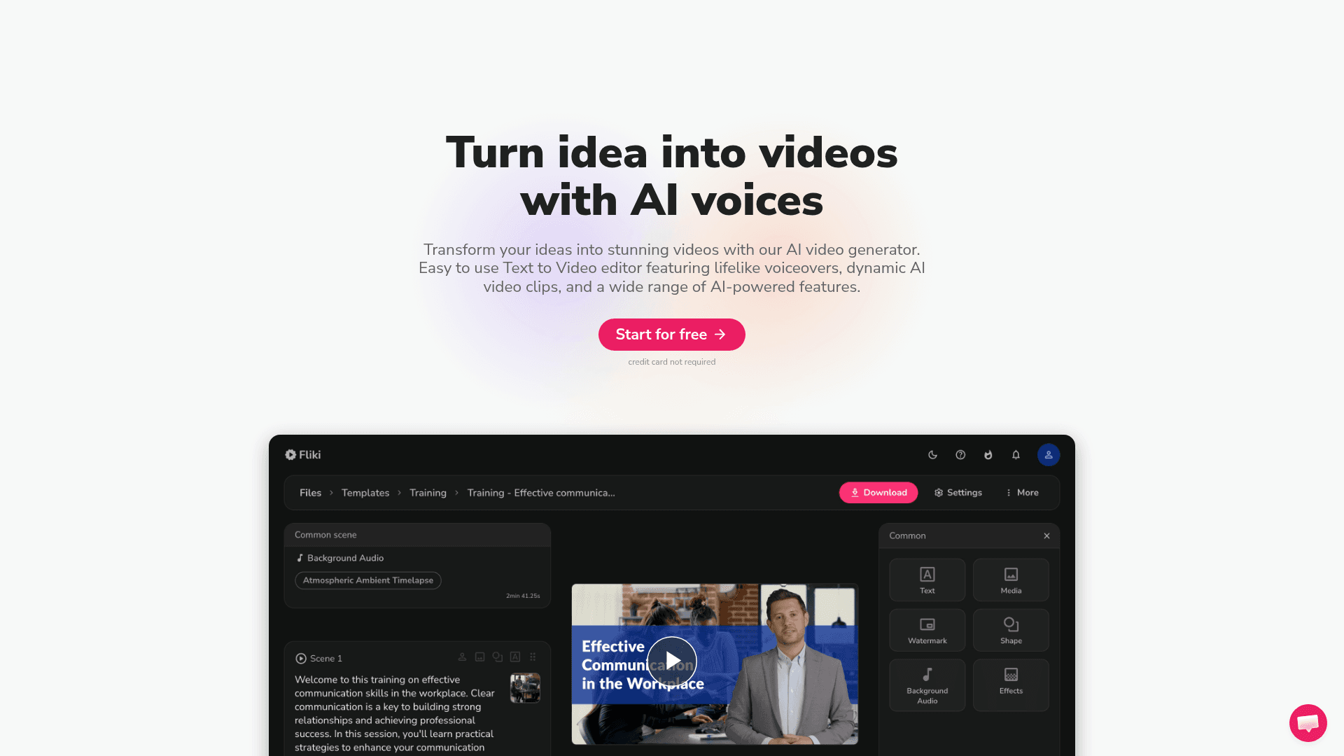 Interface Fliki, Transforme ideias em vídeos com I.A.!, exibindo funcionalidades