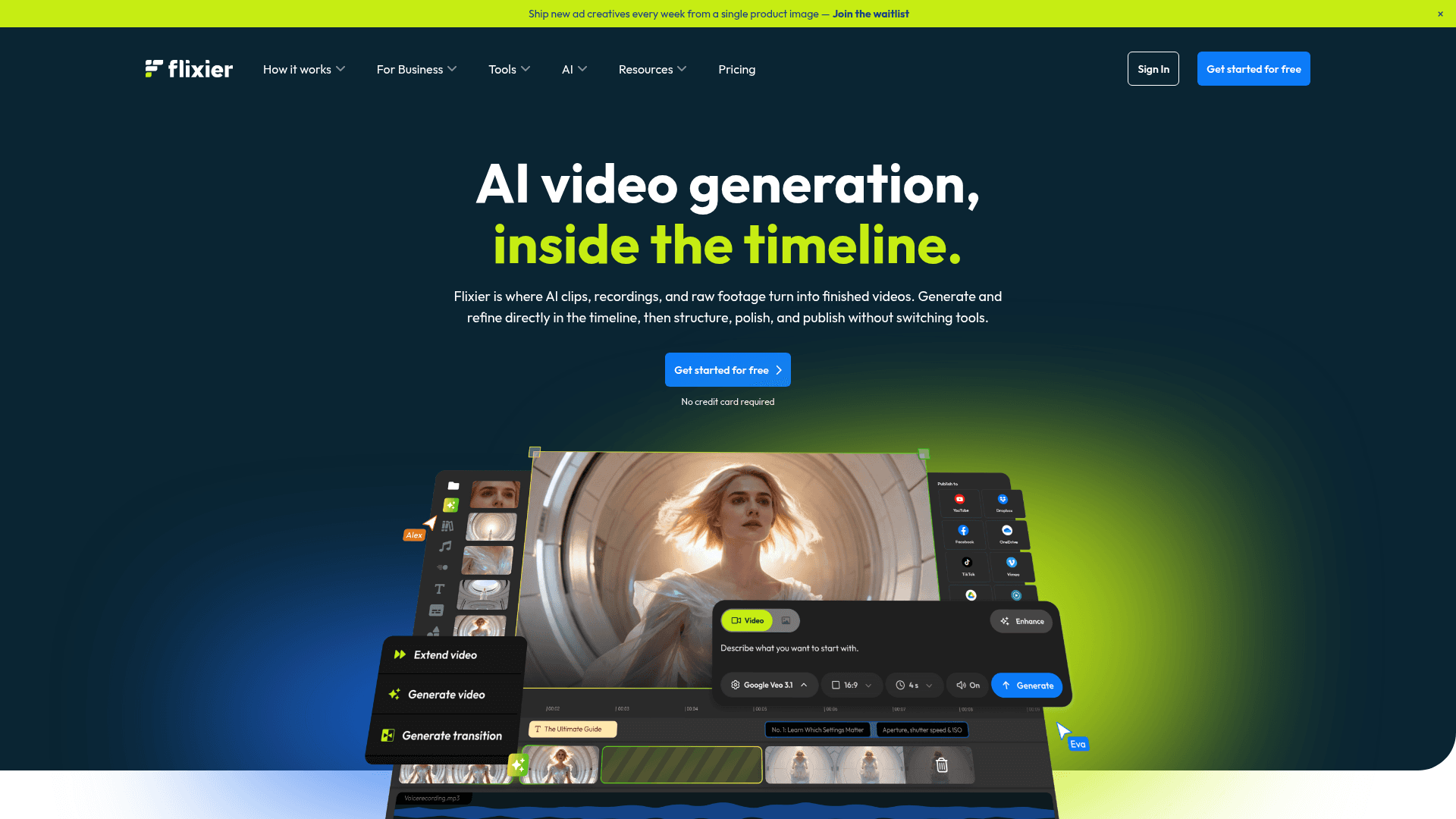 Interface Flixier, Geração de Vídeo com IA na Linha do Tempo, exibindo funcionalidades