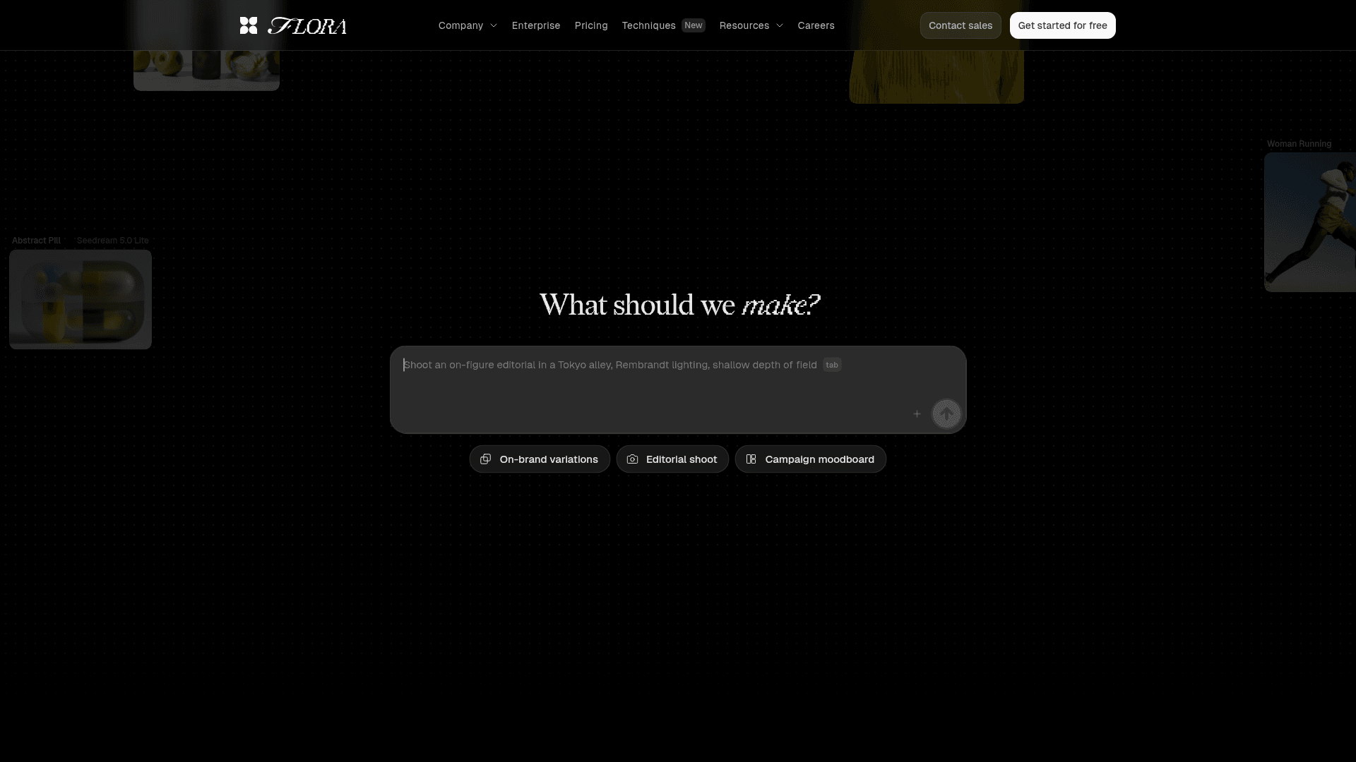 Interface FLORA, Sua Plataforma Criativa de IA para Produção Visual, exibindo funcionalidades