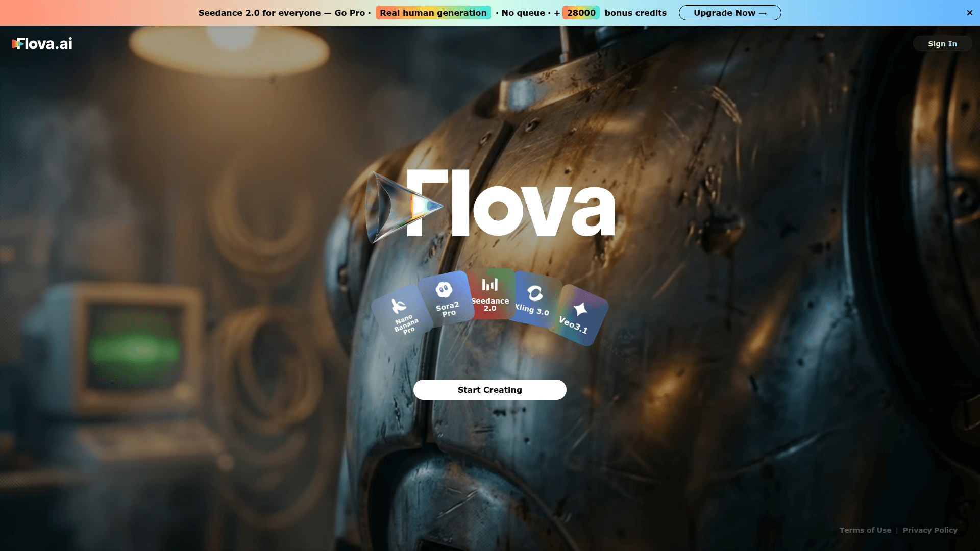 Interface Flova, Geração de IA de ponta para todos, exibindo funcionalidades