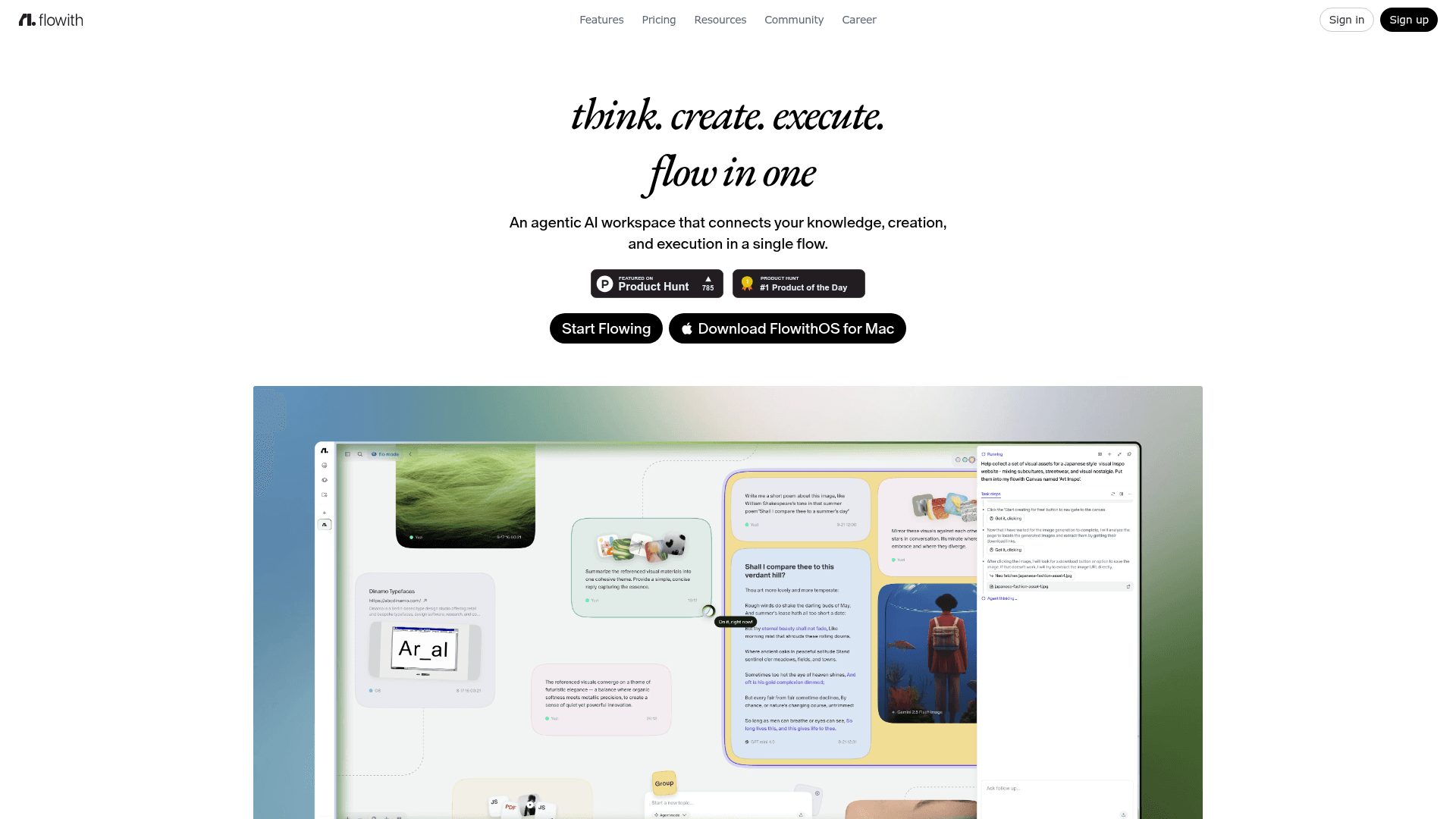 Interface Flowith, Workspace de IA Agente para Fluxo Contínuo, exibindo funcionalidades