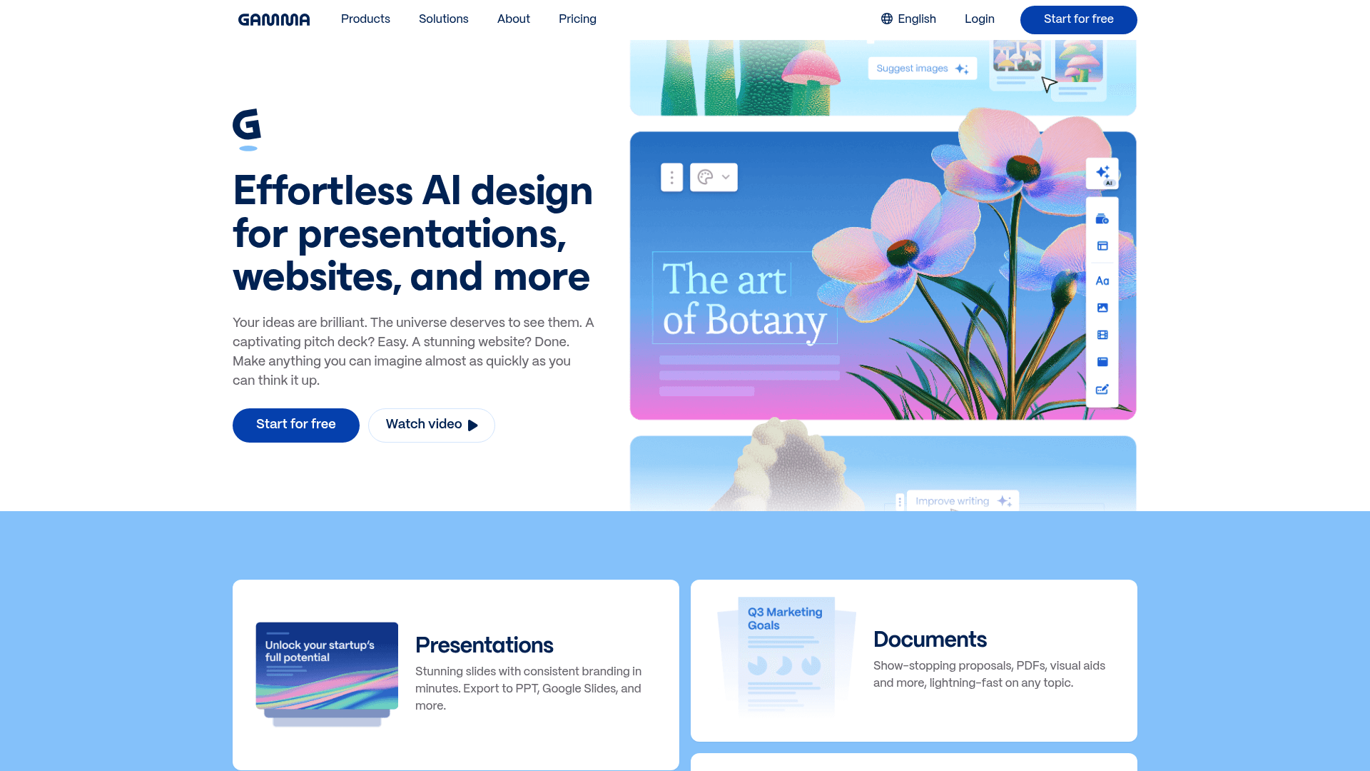 Interface Gamma, Design sem Esforço com IA para Apresentações e Mais, exibindo funcionalidades