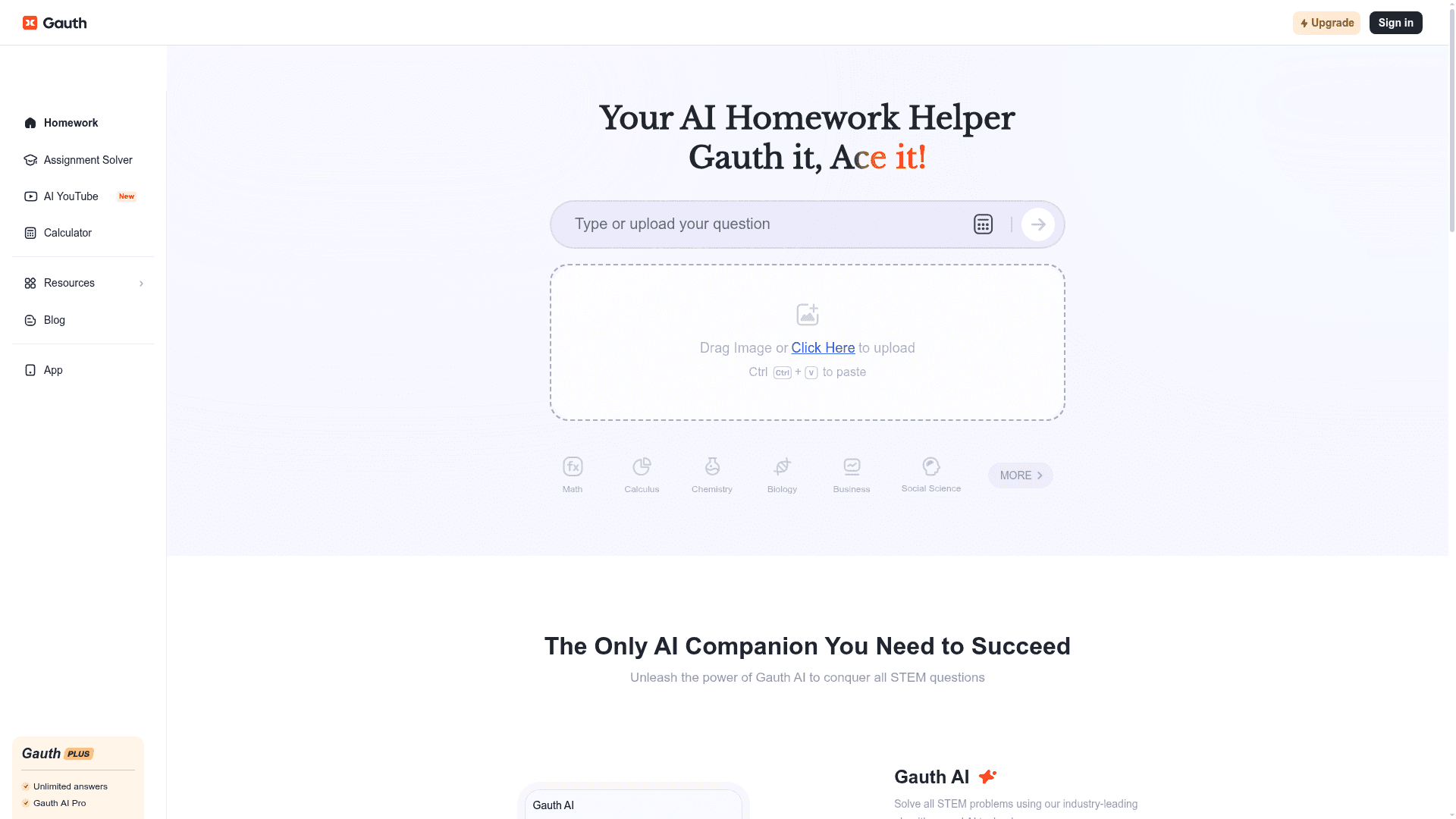 Interface Gauth, Seu Assistente de Dever de Casa com IA, exibindo funcionalidades