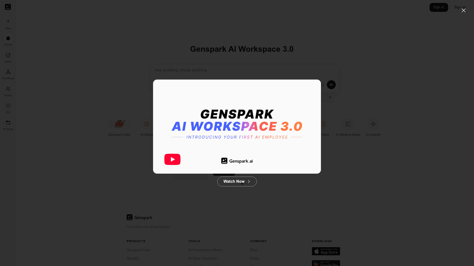 Interface Genspark AI Workspace 3.0, Seu Escritório Inteligente, exibindo funcionalidades
