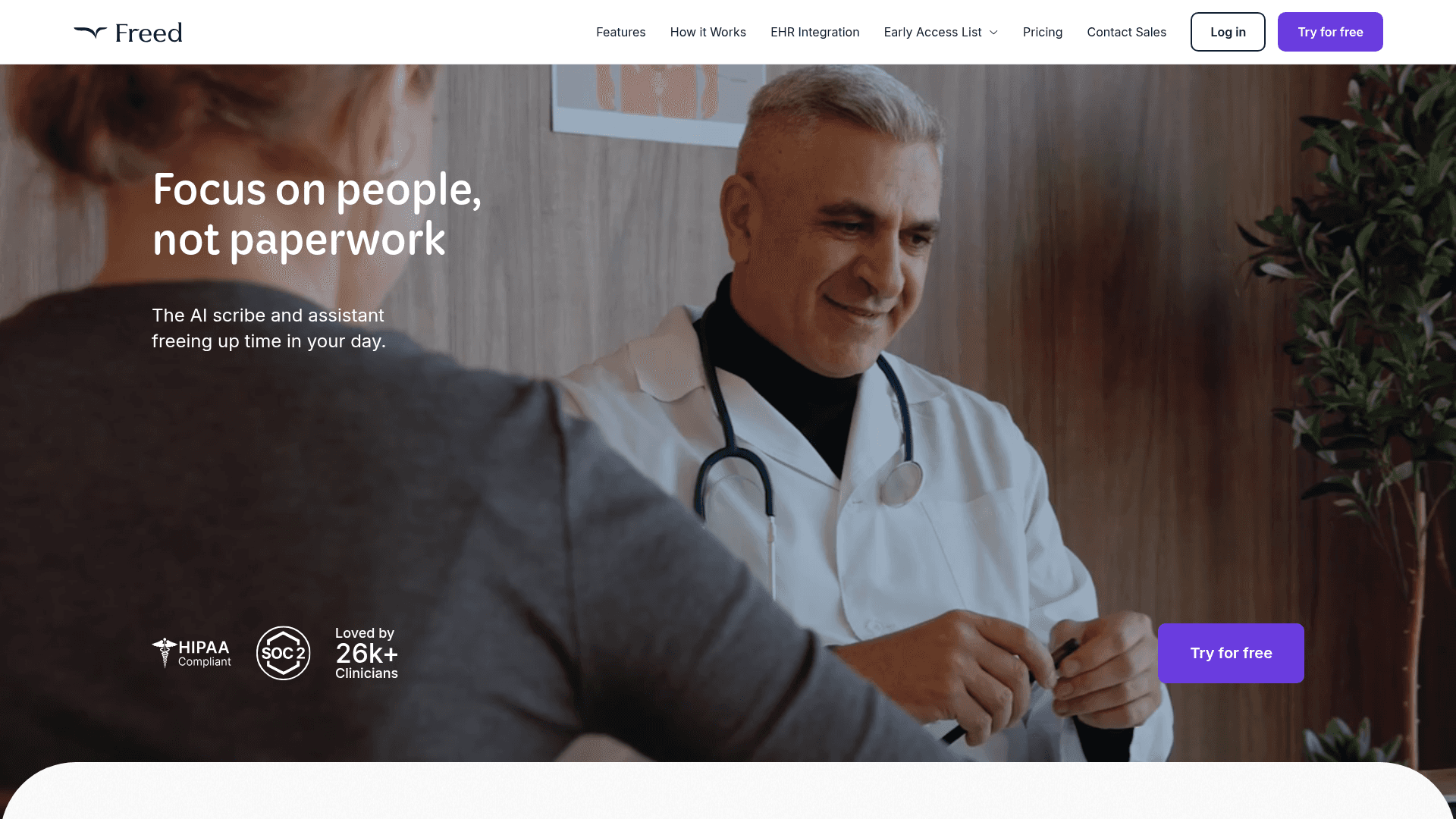 Interface Freed AI Scribe, O assistente de IA para clínicas, exibindo funcionalidades