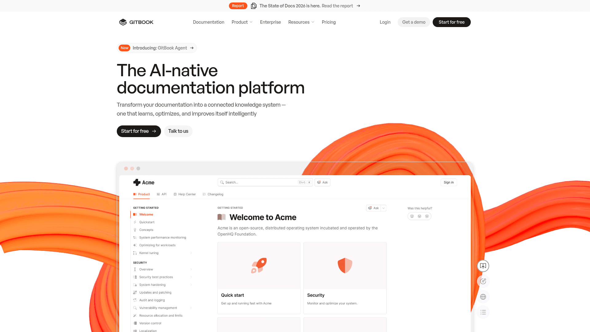Interface GitBook, Plataforma de Documentação com IA, exibindo funcionalidades