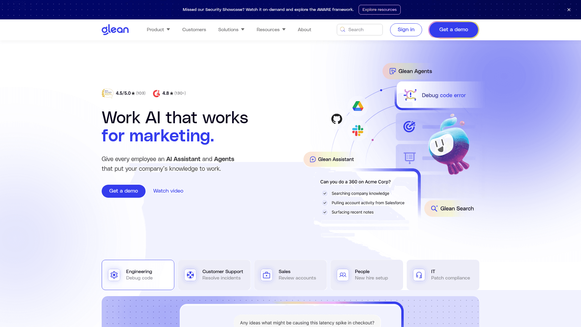 Interface Glean, IA para o Trabalho que Funciona de Forma Inteligente, exibindo funcionalidades