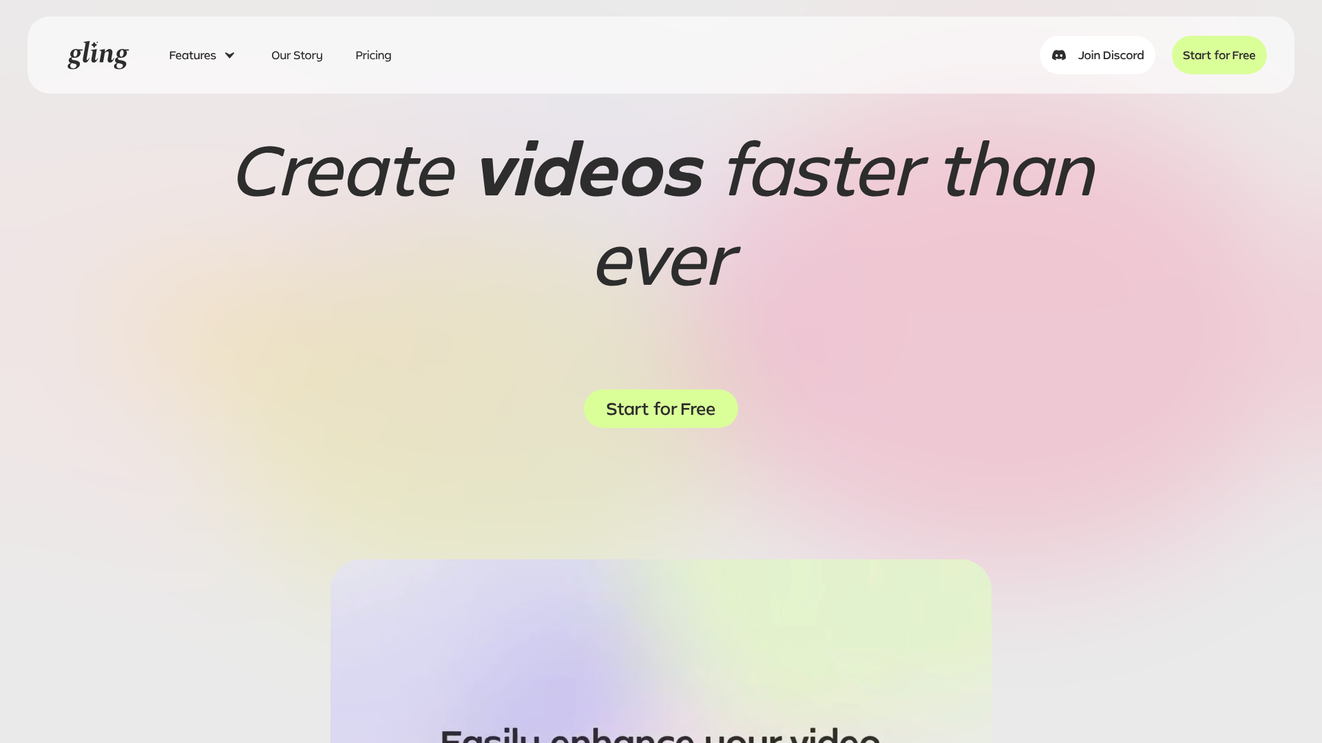 Interface Gling, Edição de Vídeo Inteligente, exibindo funcionalidades