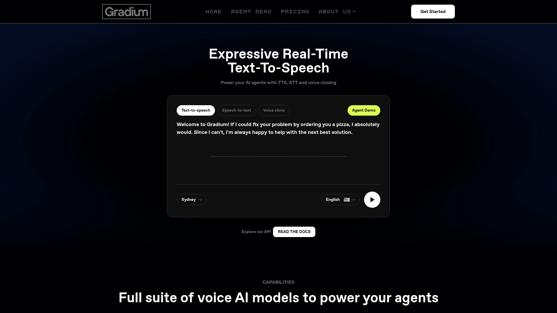 Interface Gradium, Vozes de IA Expressivas e em Tempo Real para Agentes, exibindo funcionalidades