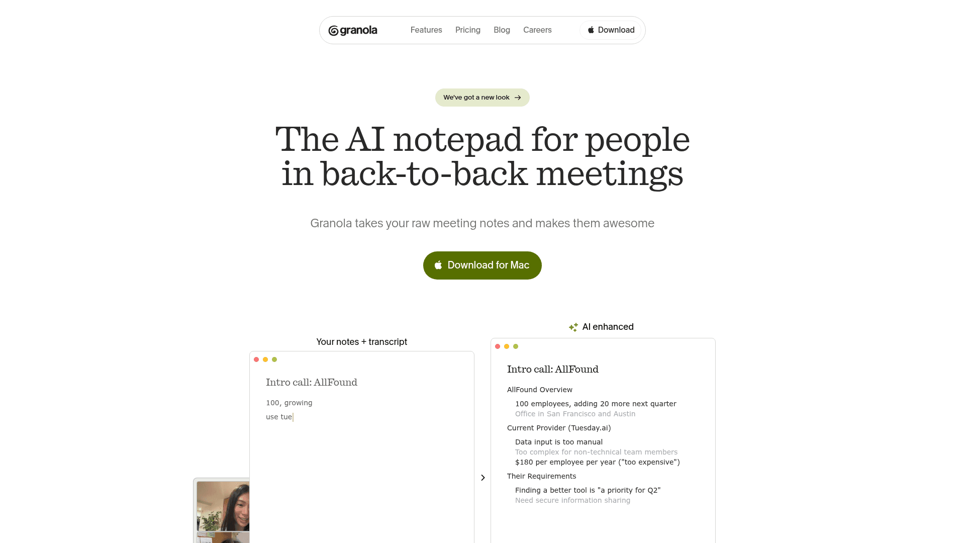 Interface Granola, O Bloco de Notas de IA que Otimiza suas Reuniões, exibindo funcionalidades