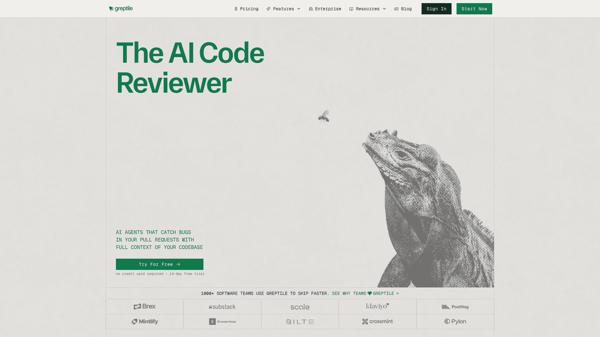 Interface Greptile, O Revisor de Código IA Inteligente, exibindo funcionalidades