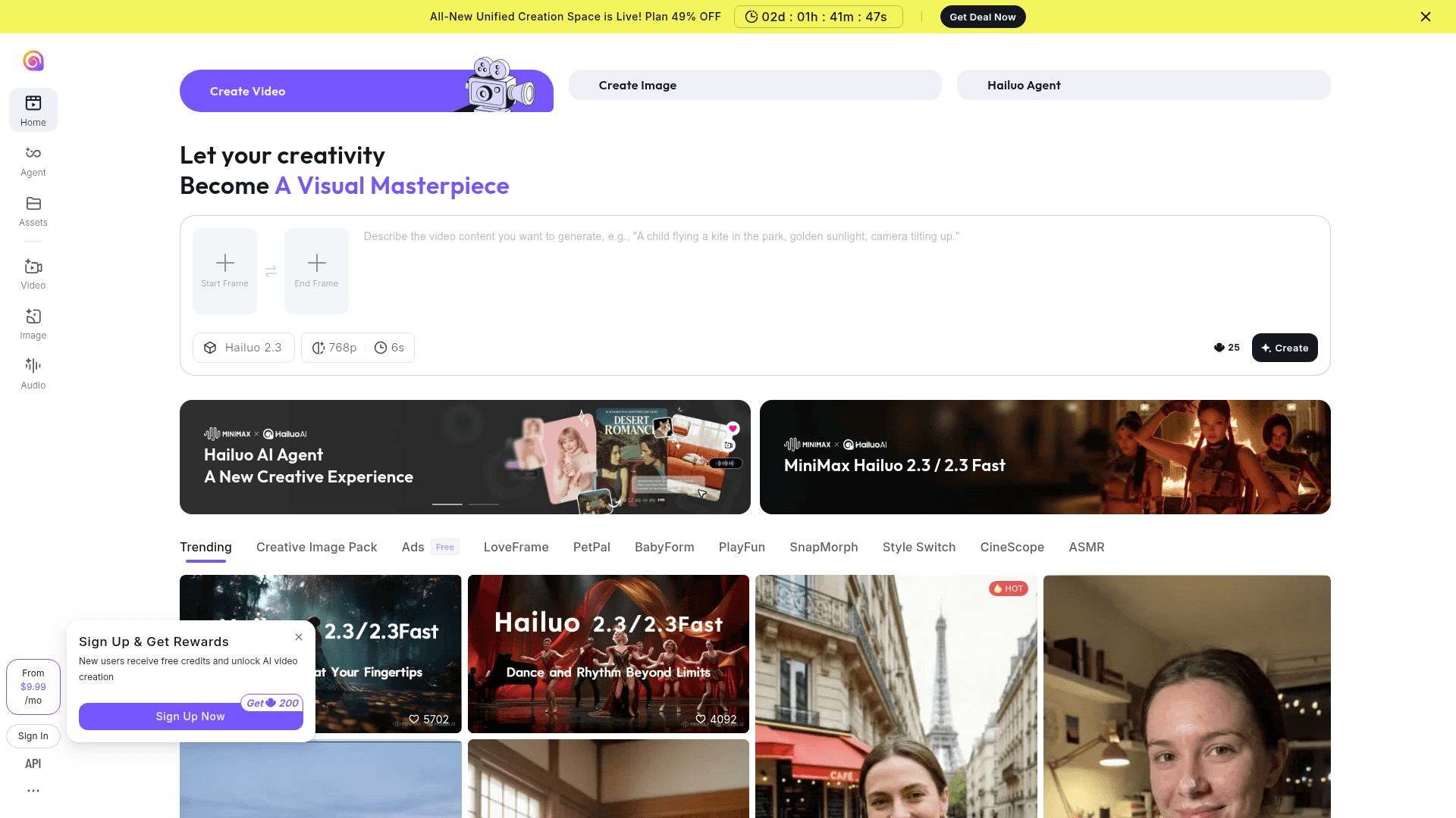 Interface Hailuo AI Video Generator, Gerador de Vídeos e Imagens IA, exibindo funcionalidades