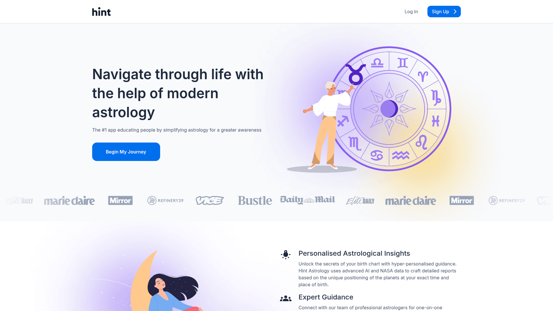 Interface Hint, A nova era da Astrologia Pessoal, exibindo funcionalidades