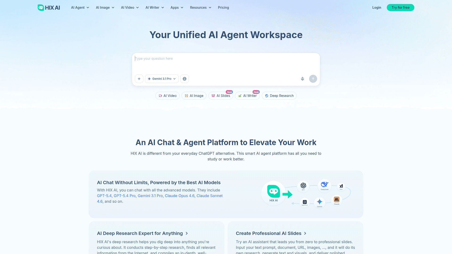 Interface HIX.AI, Seu Workspace de IA Unificado, exibindo funcionalidades