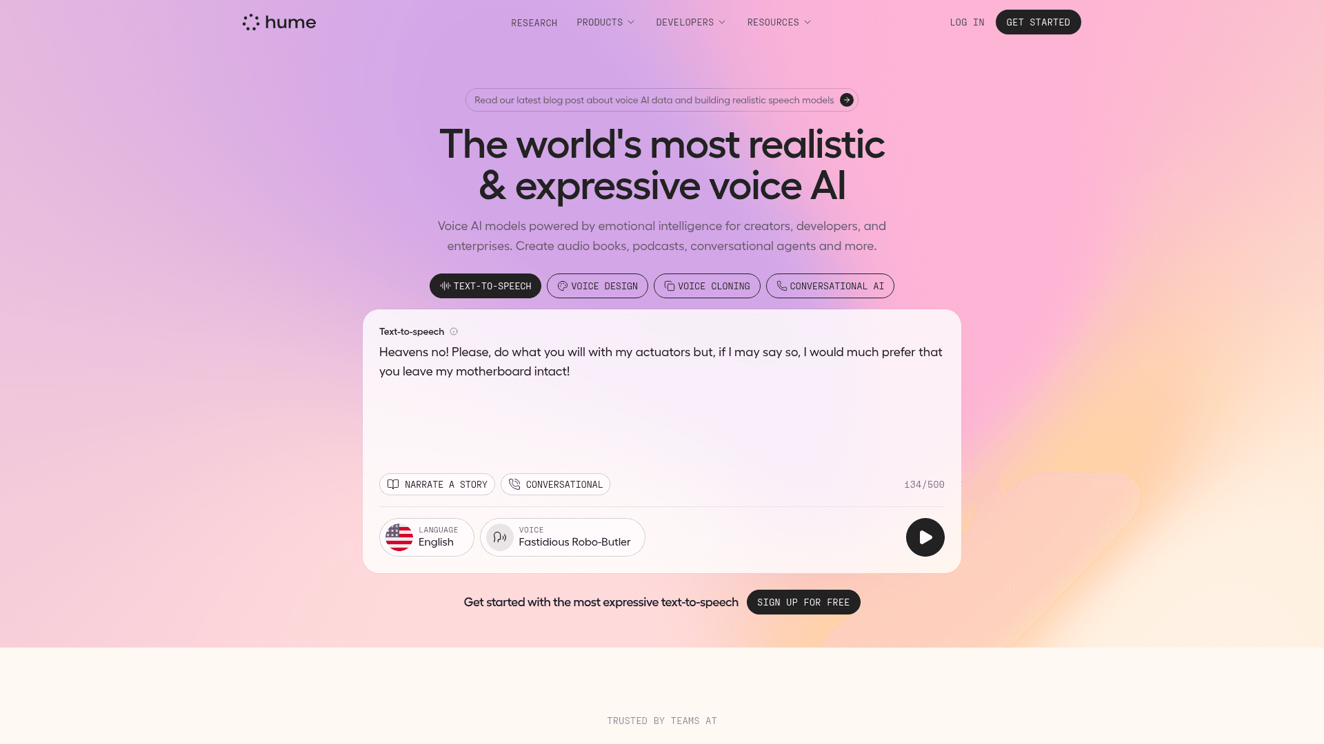 Interface Hume AI, A Voz Mais Realista e Expressiva para IA, exibindo funcionalidades
