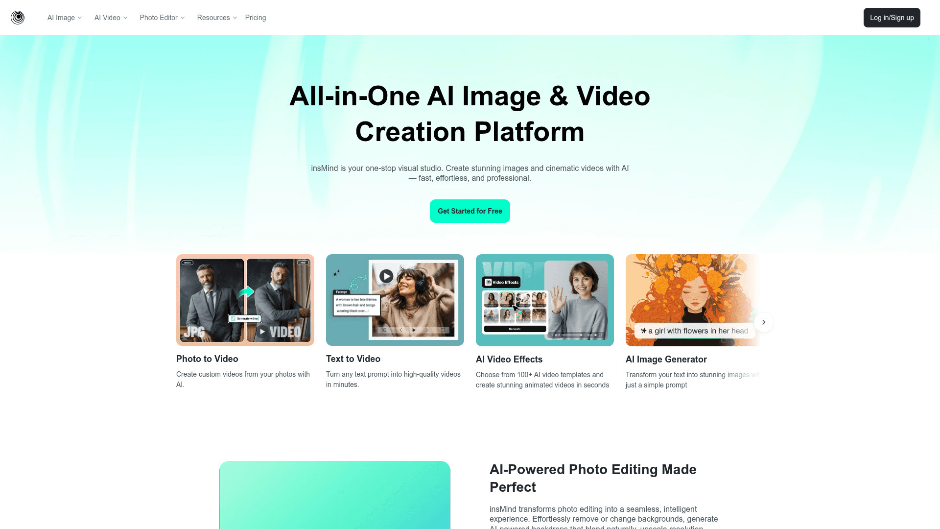 Interface insMind, Plataforma Completa de Criação de Imagens e Vídeos com IA, exibindo funcionalidades