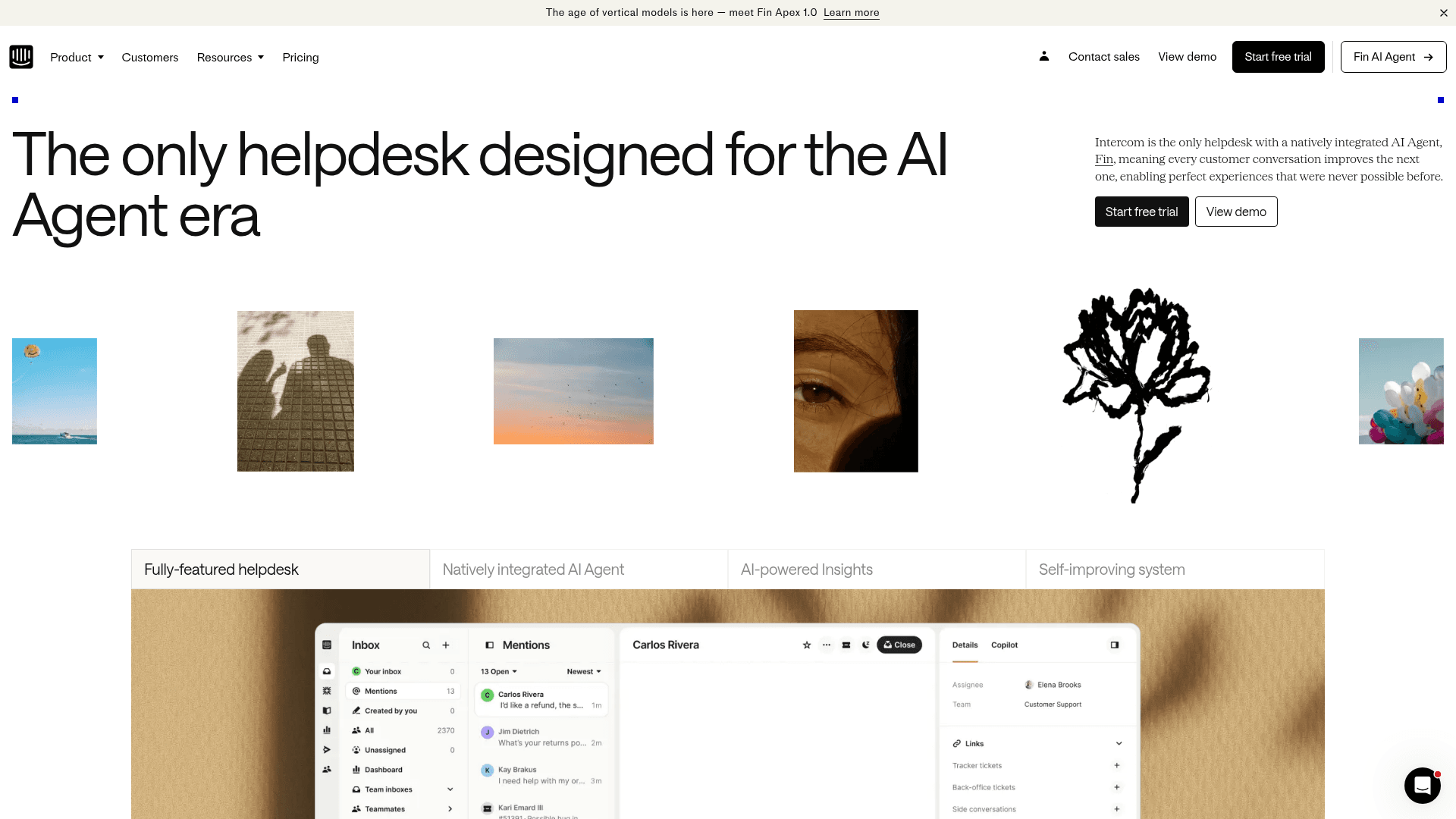 Interface Intercom, O helpdesk definitivo para a era da IA, exibindo funcionalidades