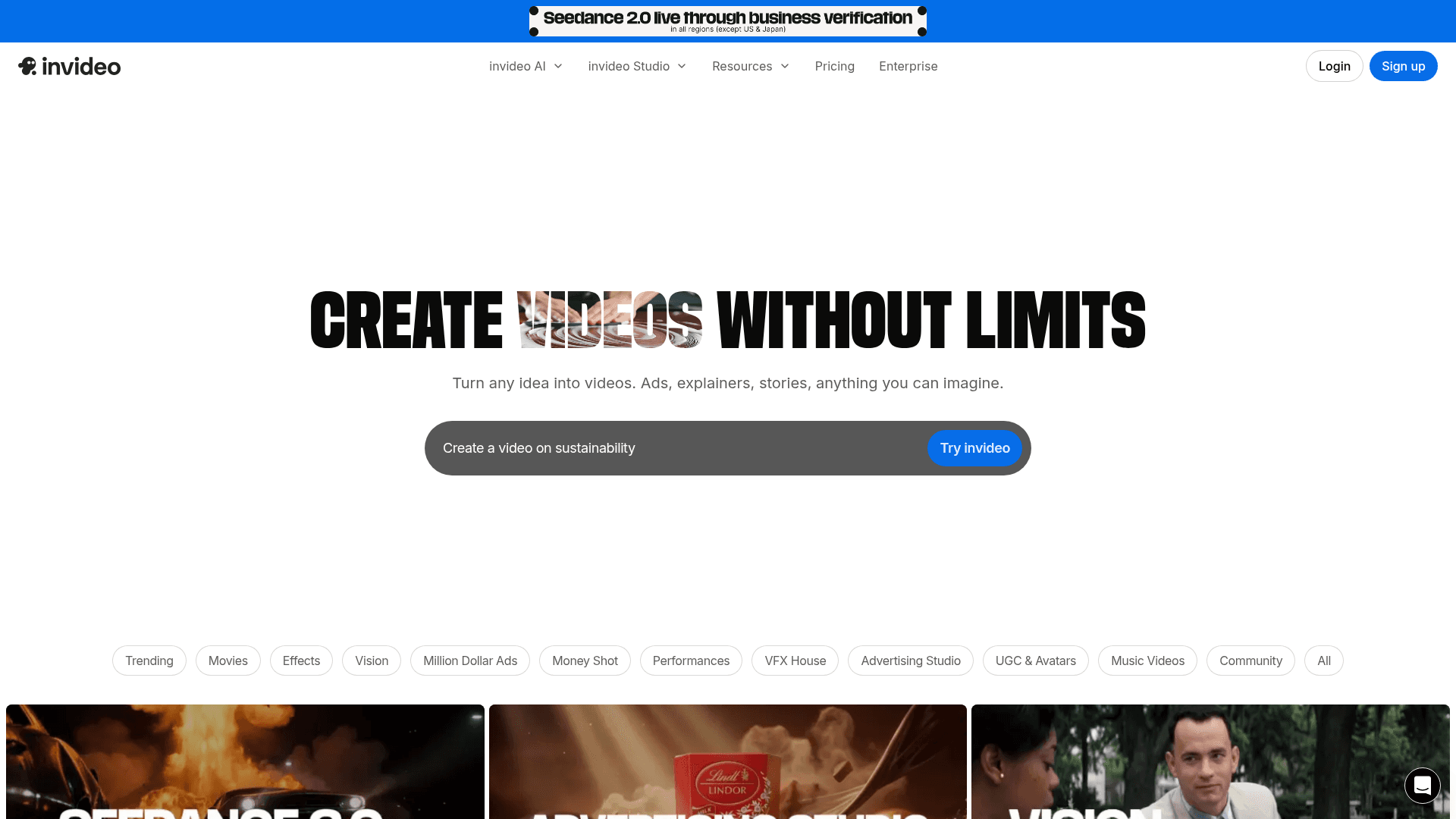 Interface invideo, Crie Vídeos Sem Limites, exibindo funcionalidades