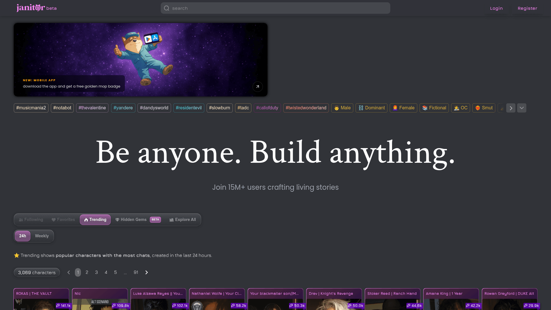 Interface Janitor AI, Crie e interaja com personagens de IA, exibindo funcionalidades