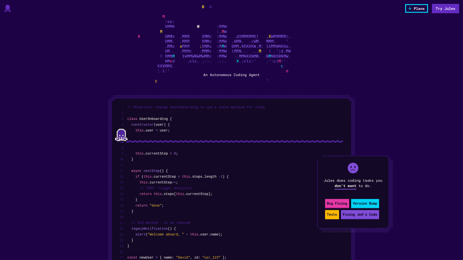Interface Jules, Seu Agente de Codificação Autônomo, exibindo funcionalidades