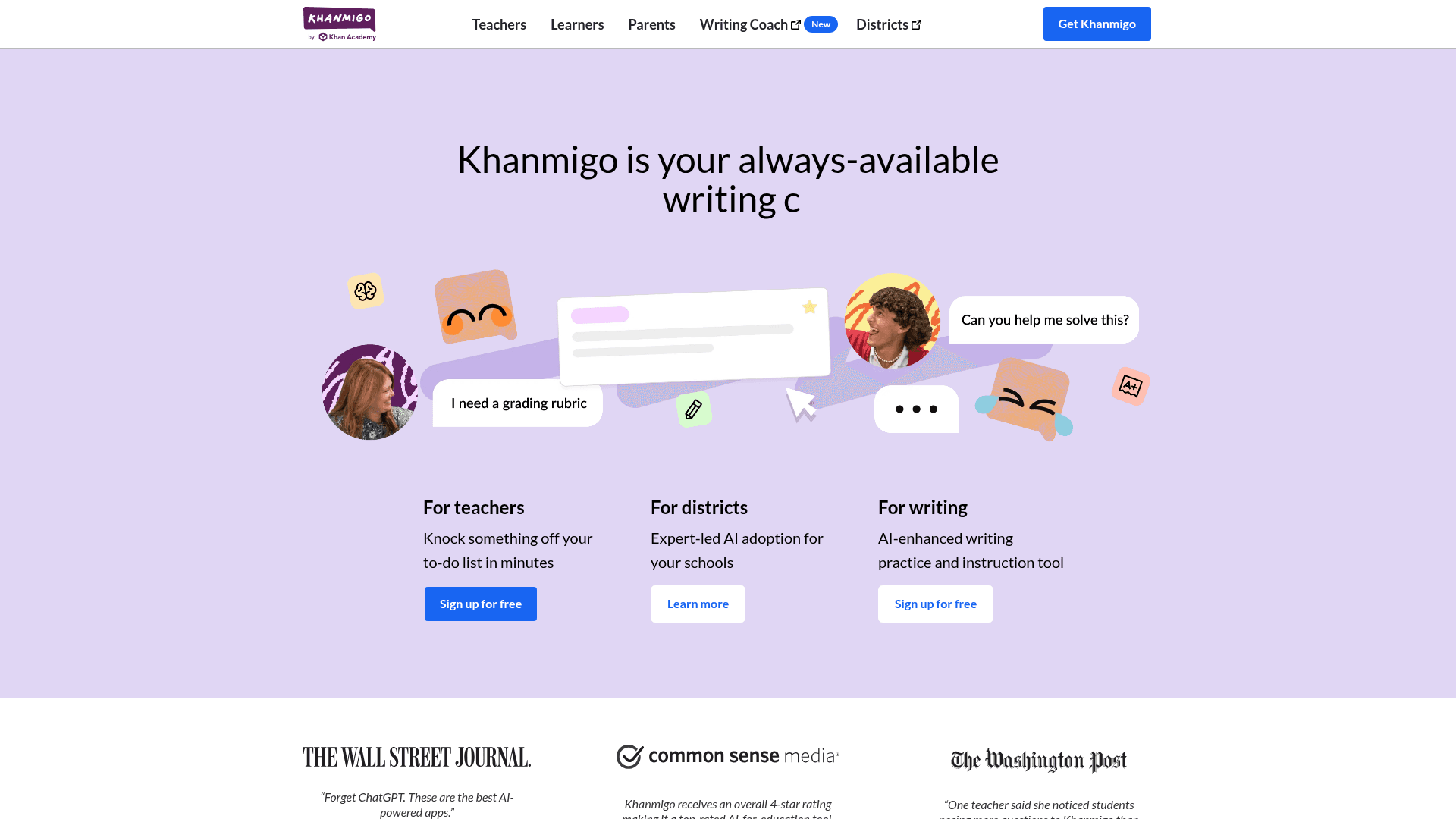 Interface Khanmigo, Seu Tutor e Assistente de Ensino de IA, exibindo funcionalidades