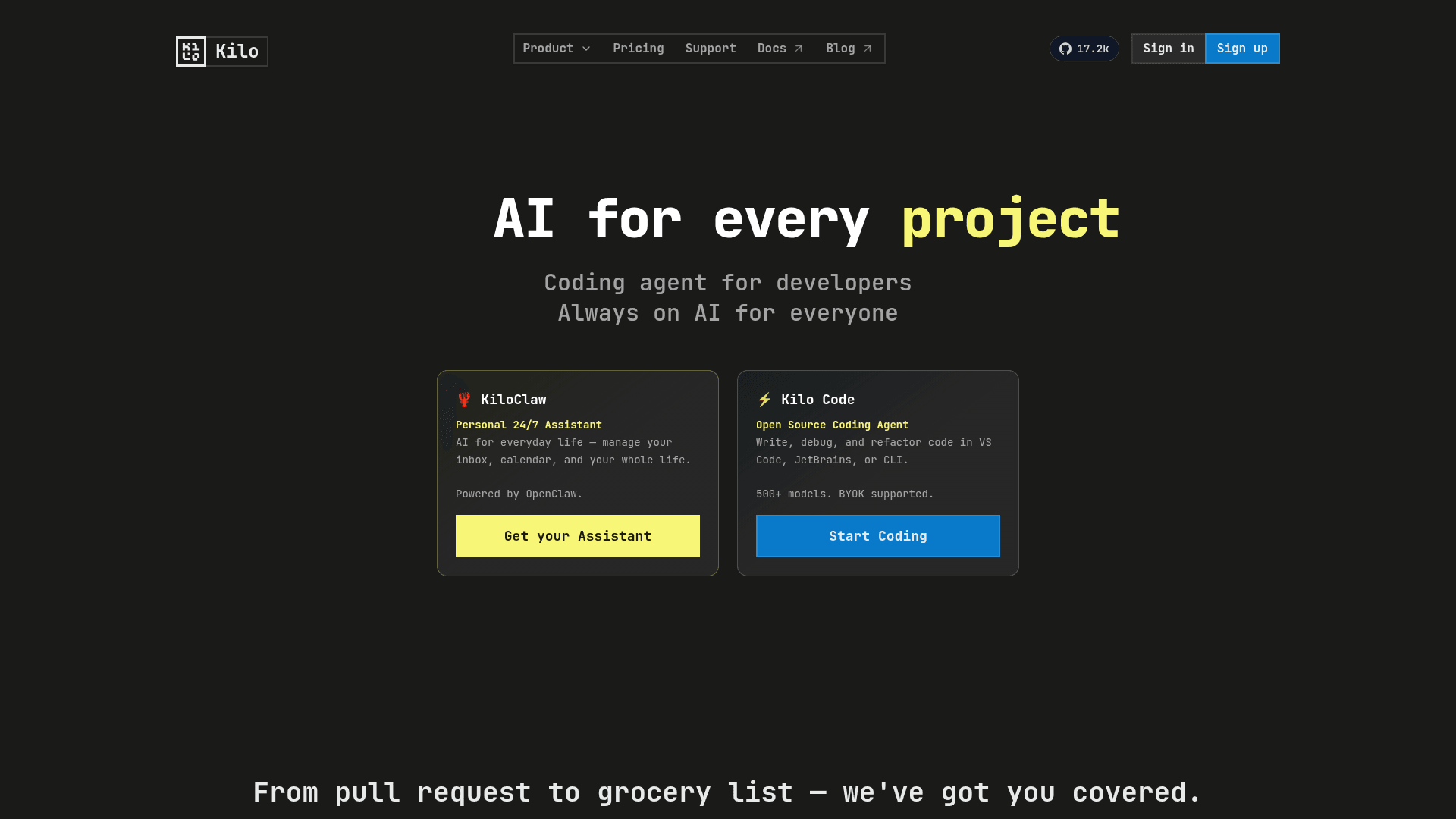 Interface Kilo, IA para Desenvolvedores e Uso Diário, exibindo funcionalidades