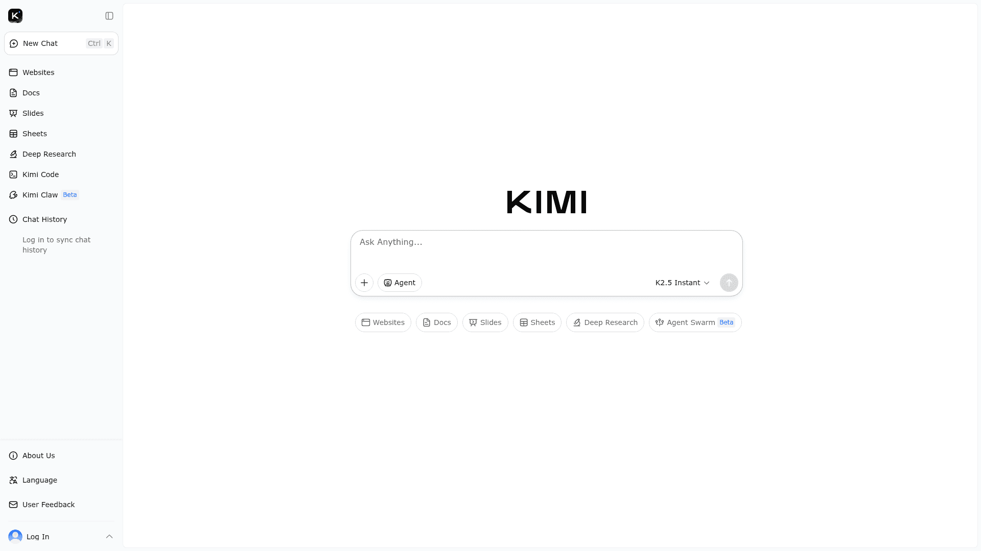 Interface Kimi, A Sua IA para Pesquisa e Criação de Conteúdo, exibindo funcionalidades