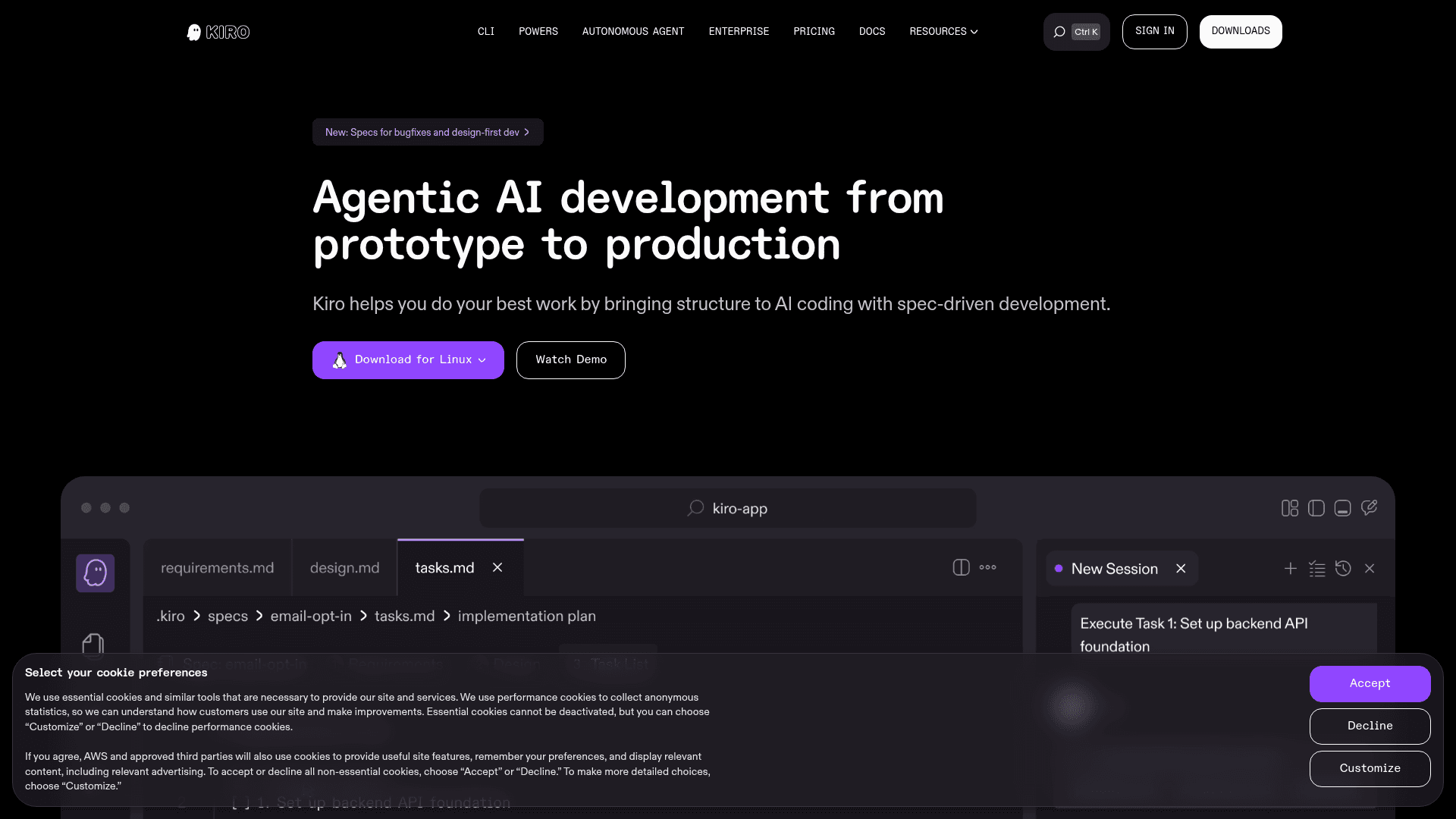 Interface Kiro, Desenvolvimento de IA Agente do Protótipo à Produção, exibindo funcionalidades