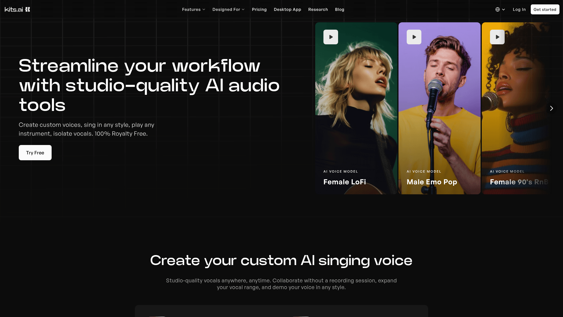 Interface Kits AI, Produção Musical com IA e Clonagem de Voz, exibindo funcionalidades