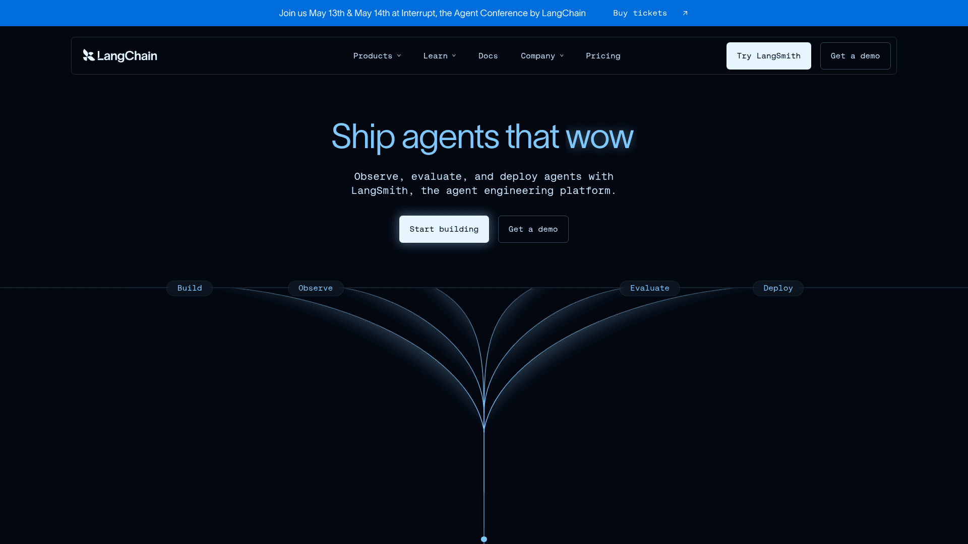 Interface LangChain, Plataforma de Engenharia de Agentes para IA, exibindo funcionalidades