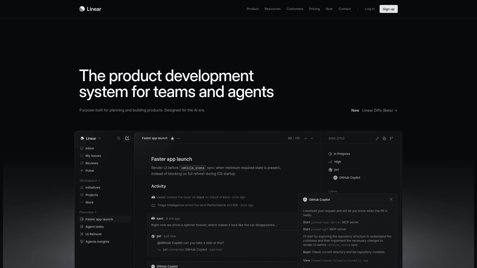 Interface Linear, O Sistema de Desenvolvimento de Produtos para Equipes e Agentes, exibindo funcionalidades