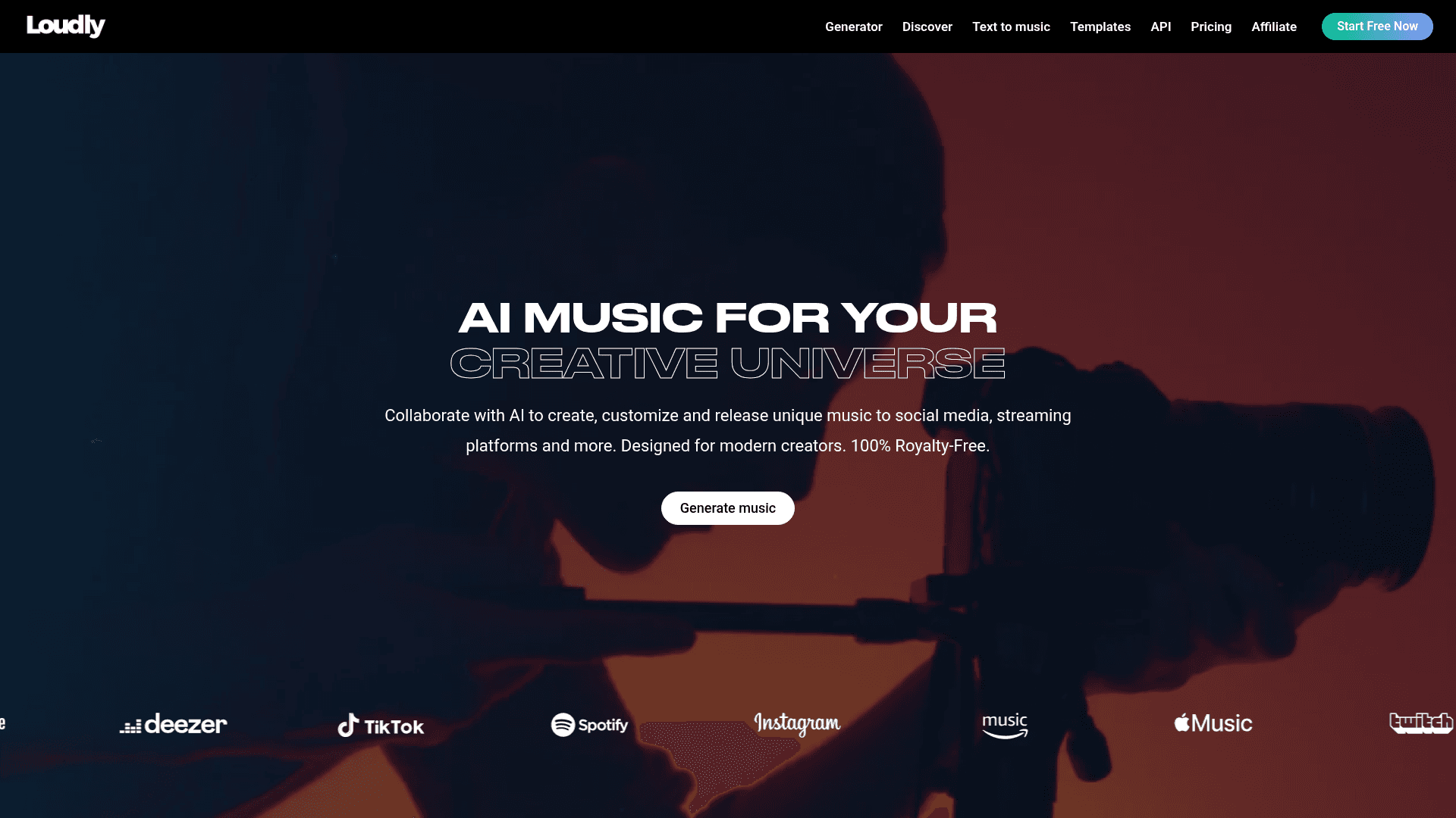 Interface Loudly, Música com IA para Criadores, exibindo funcionalidades