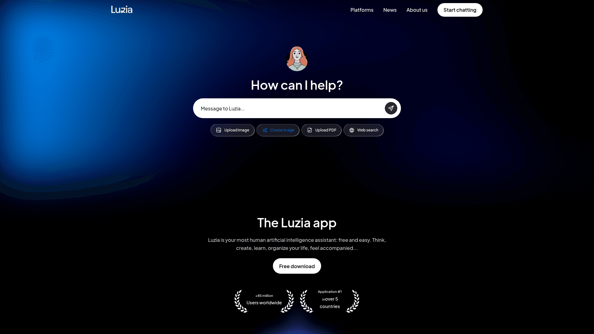 Interface Luzia, Sua Assistente de IA Humanizada e Gratuita, exibindo funcionalidades