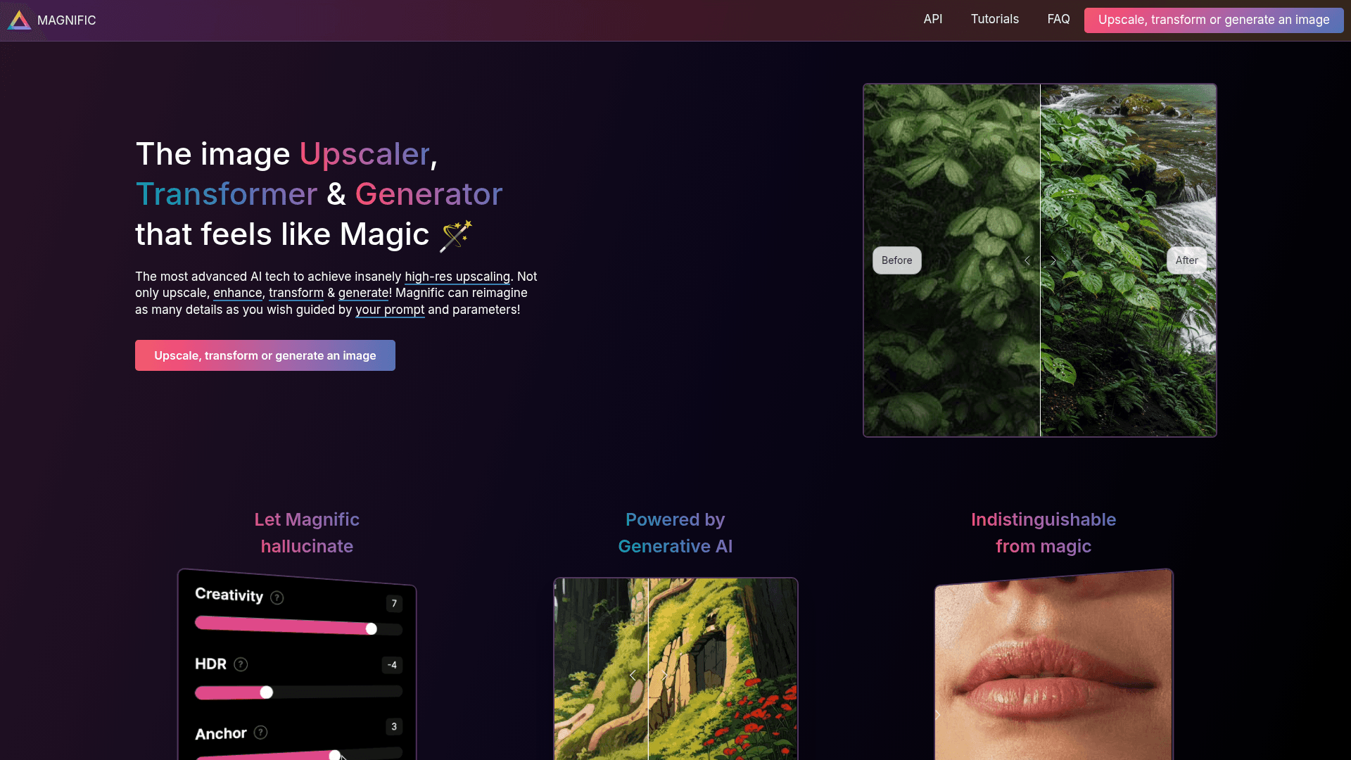 Interface Magnific AI, Upscale, Transforme e Gere Imagens com IA, exibindo funcionalidades
