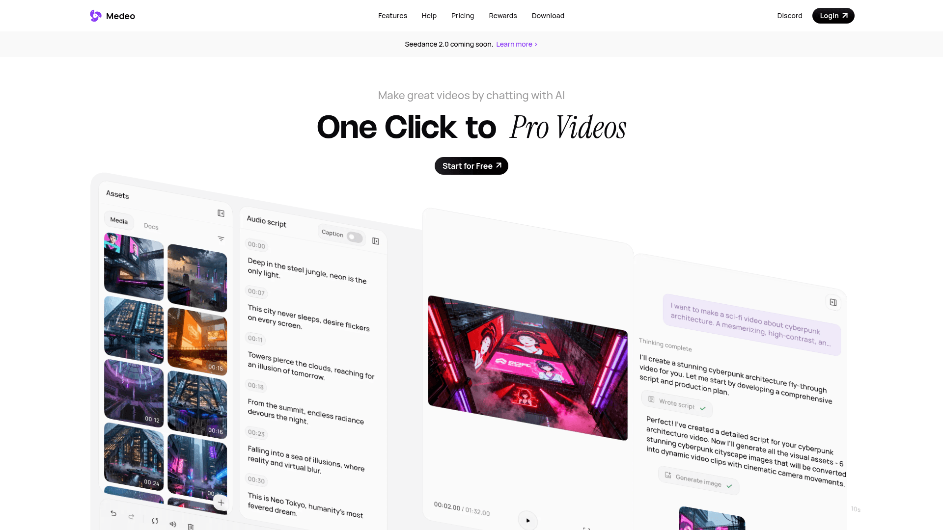 Interface Medeo, Agente de IA para Edição de Vídeo Automática, exibindo funcionalidades