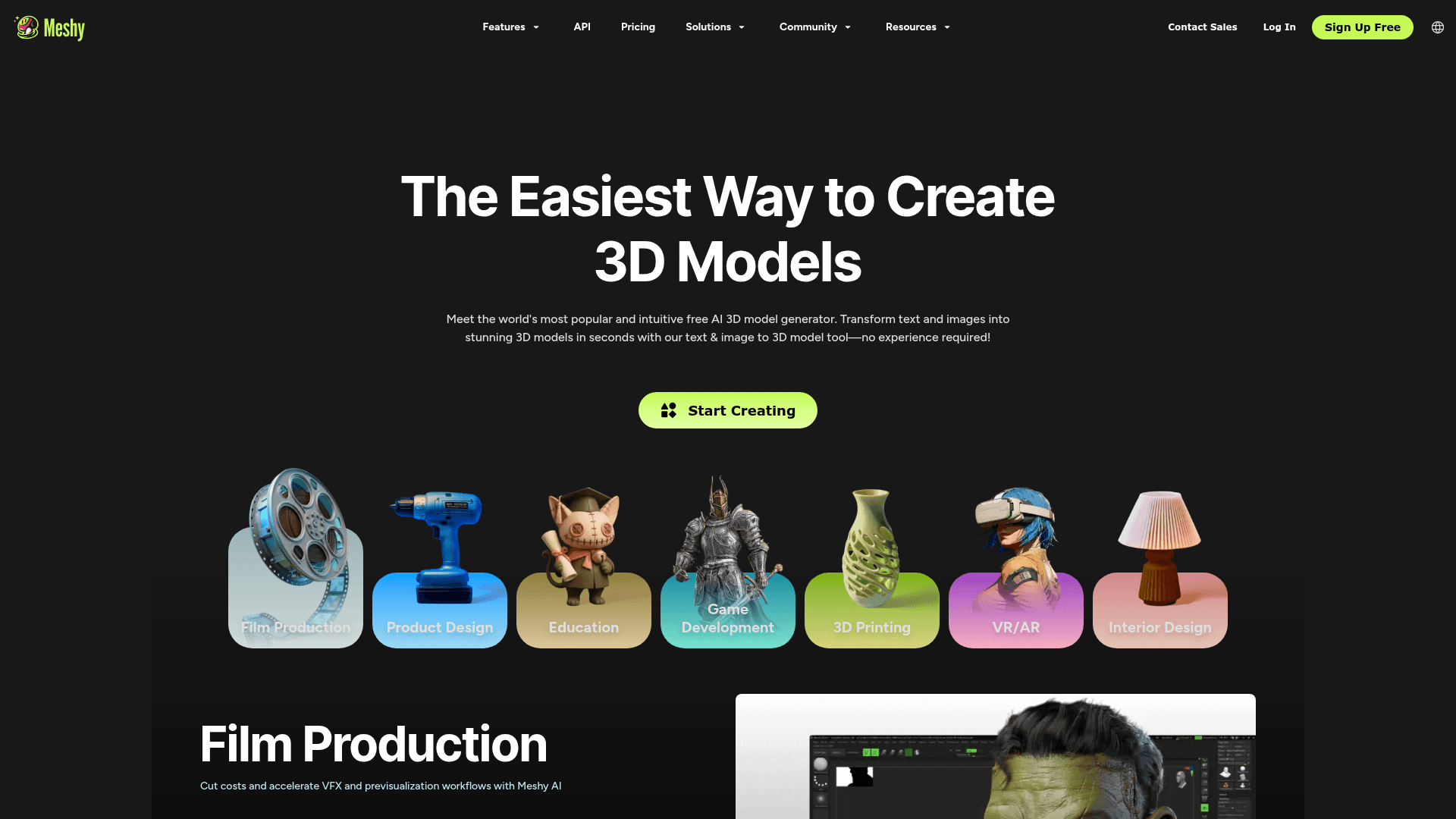 Interface Meshy, IA para Modelagem 3D e Criação de Conteúdo, exibindo funcionalidades