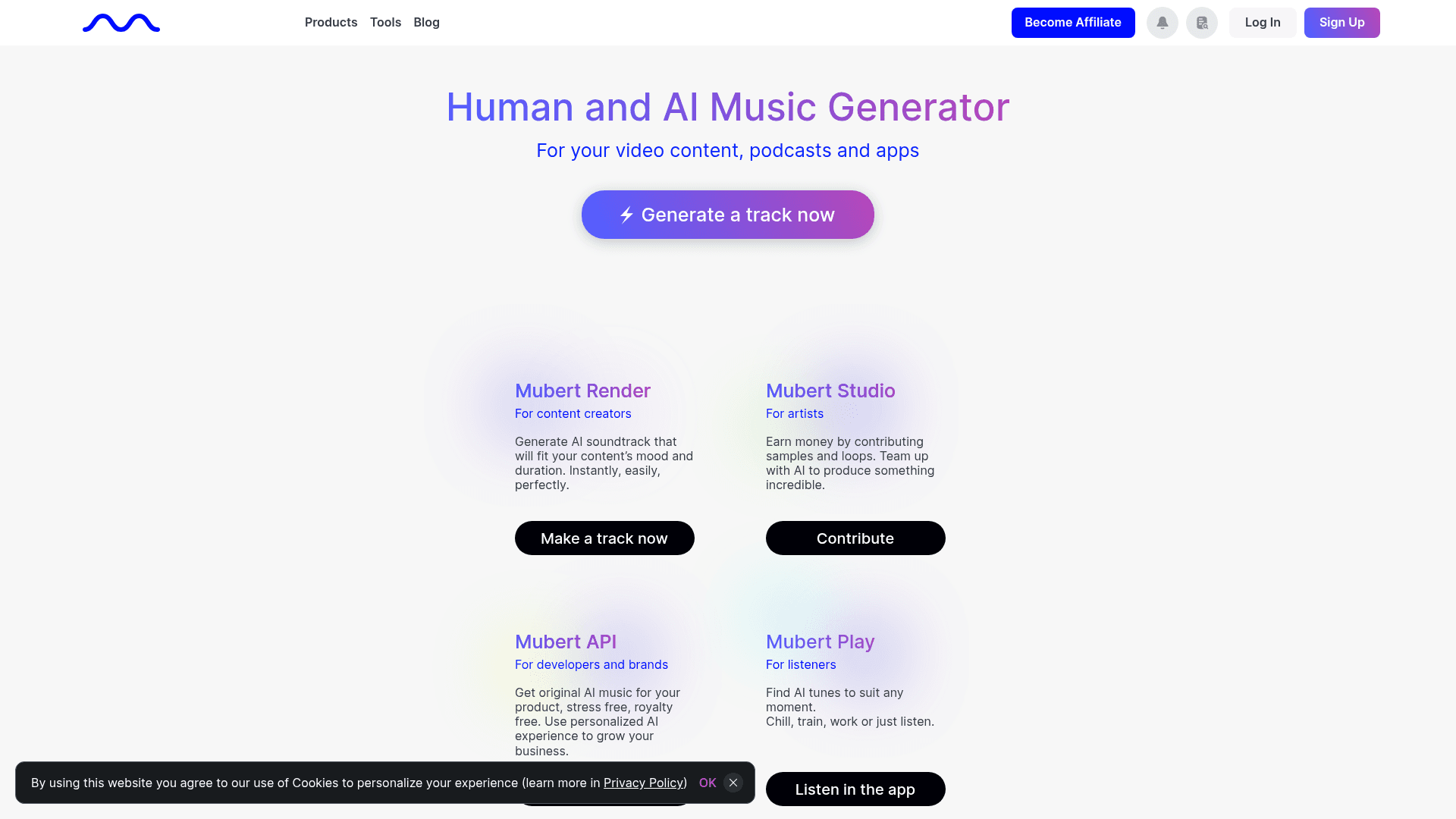 Interface Mubert, Gerador de Música com IA para Conteúdo, exibindo funcionalidades