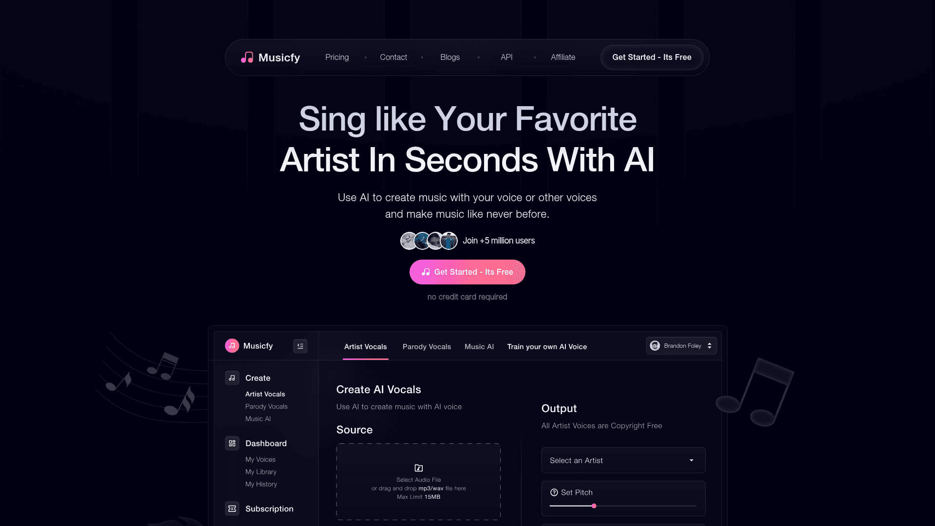 Interface Musicfy, Crie Músicas com AI em Segundos, exibindo funcionalidades