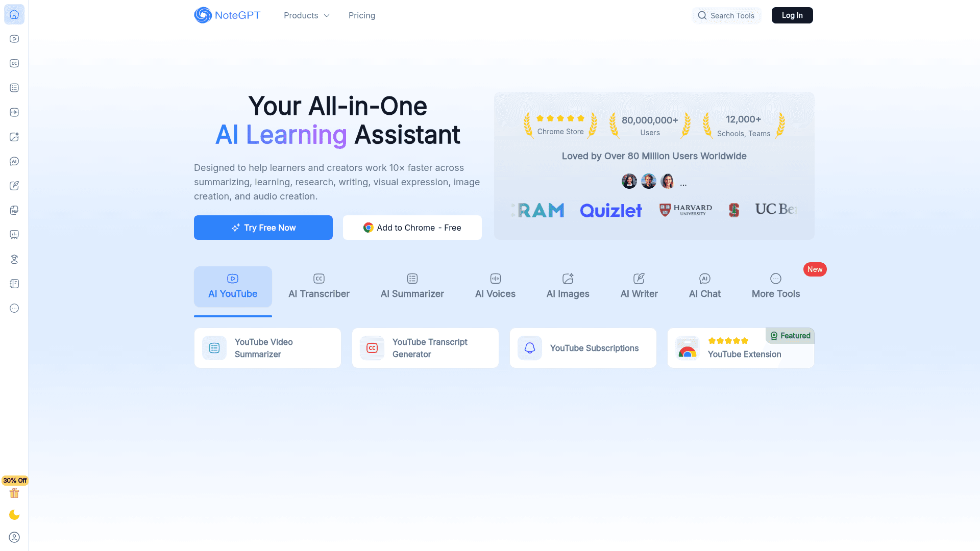 Interface NoteGPT, Seu assistente de aprendizado e produtividade com IA, exibindo funcionalidades